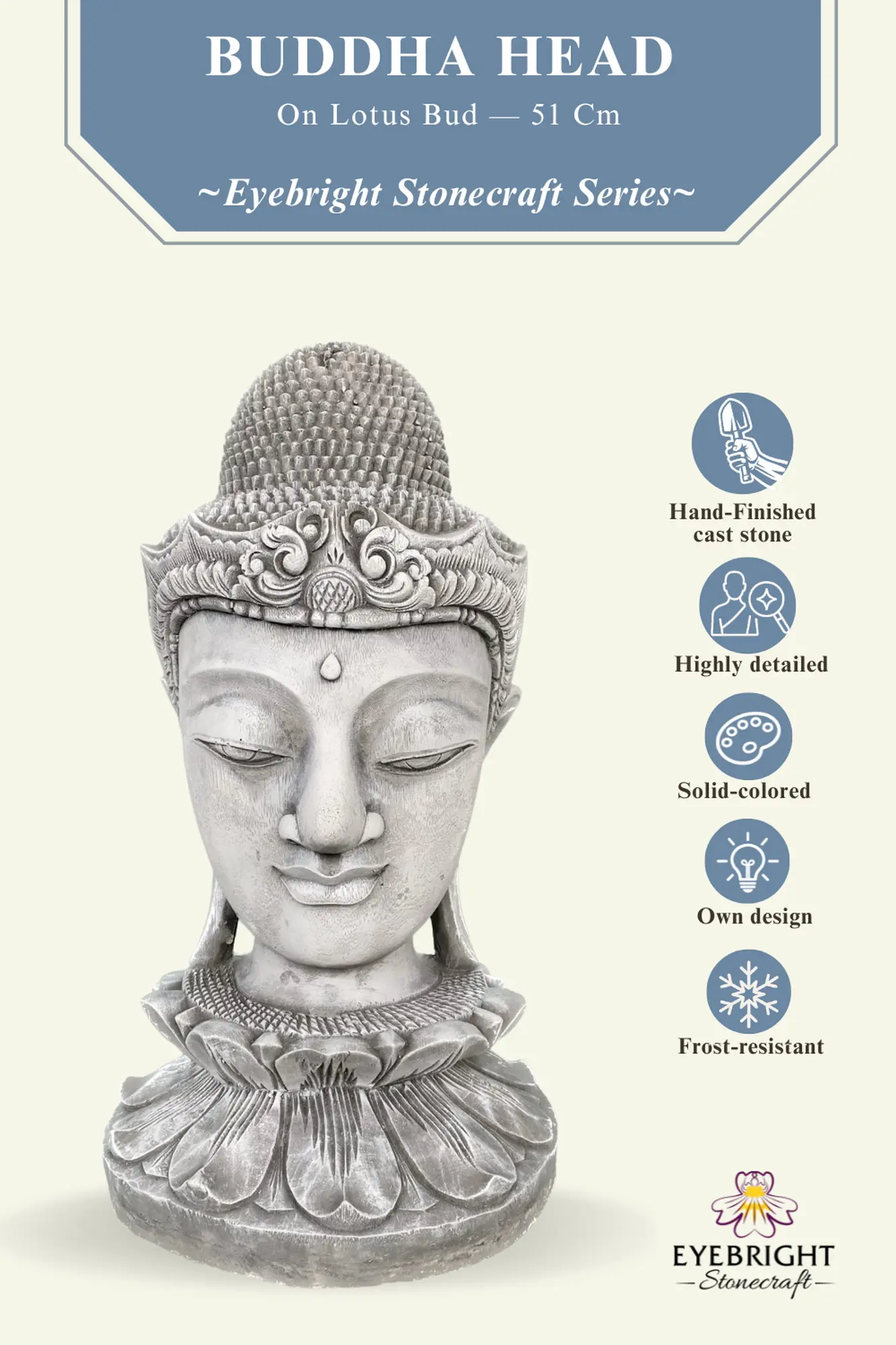  Product image 2 of the product “Champa - Buddha Head on Lotus bud, 51cm H | cast stone ”