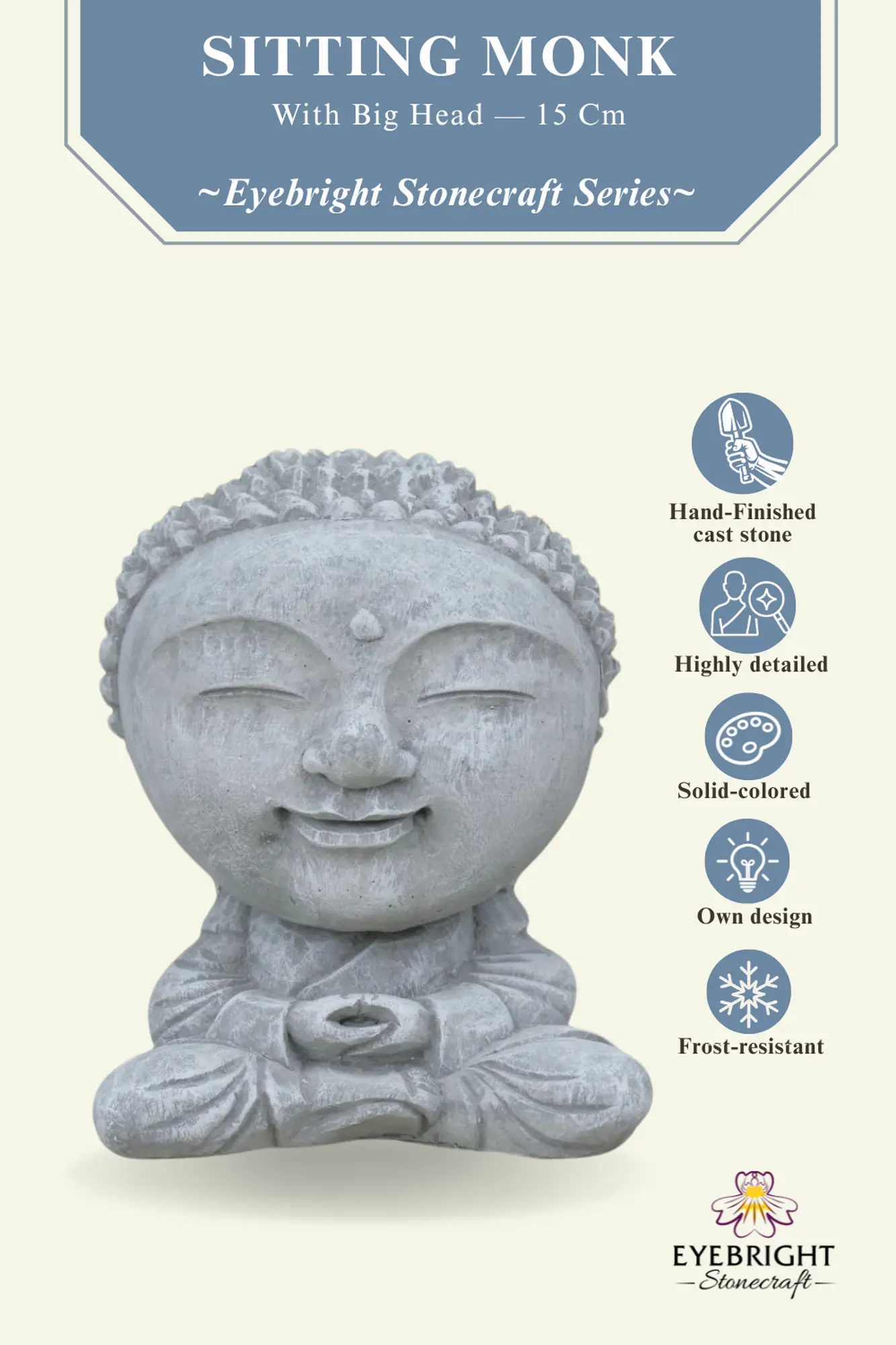  Product image 2 of the product “Nima - Sitting monk with big head, 15 cm H | cast stone ”