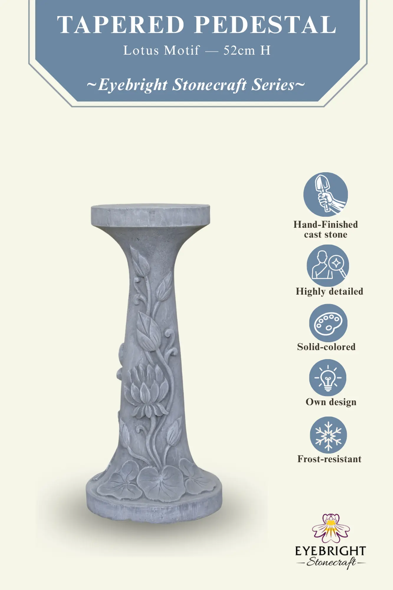  Product image 2 of the product “Rinjani - pedestal, tapered, with lotus motif, Ø 24cm, 52cm H | cast stone ”