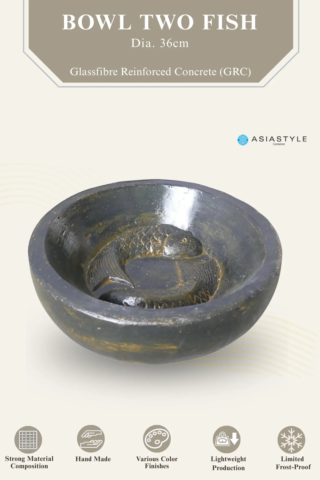  Product image 2 of the product “Bowl 2 fish, 36cm Ø | GRC (Glassfibre Reinforced Concrete), Copper Finish ”