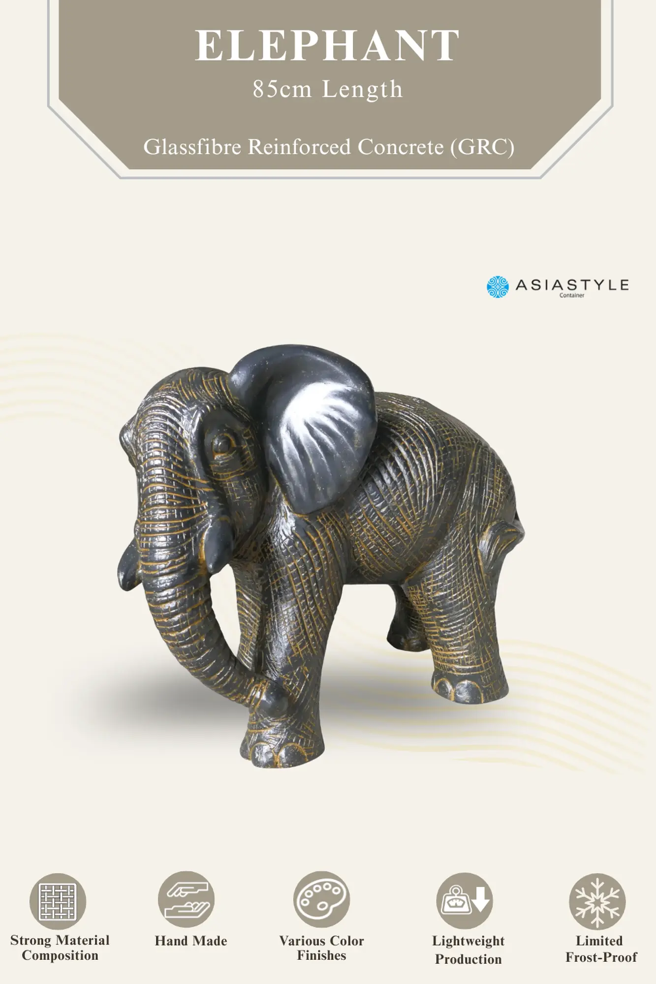  Product image 2 of the product “Elephant, 85cm Length | GRC (Glassfibre Reinforced Concrete), Copper Finish ”