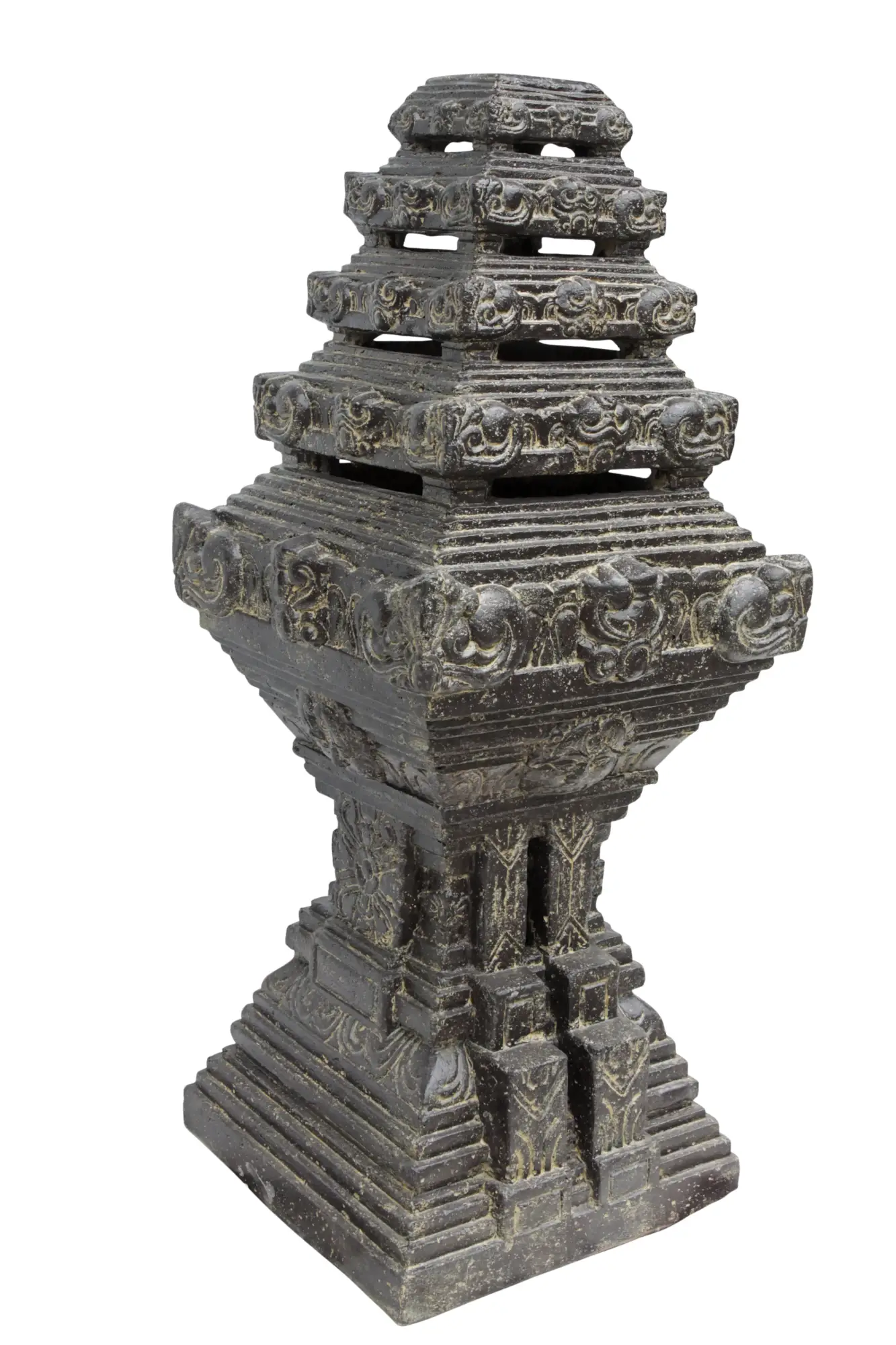  Product image 2 of the product “Java Temple, hollow cast with horizontal cuts. 40 x 40 x 100cm. Stone cast, handcrafted & coloured ”