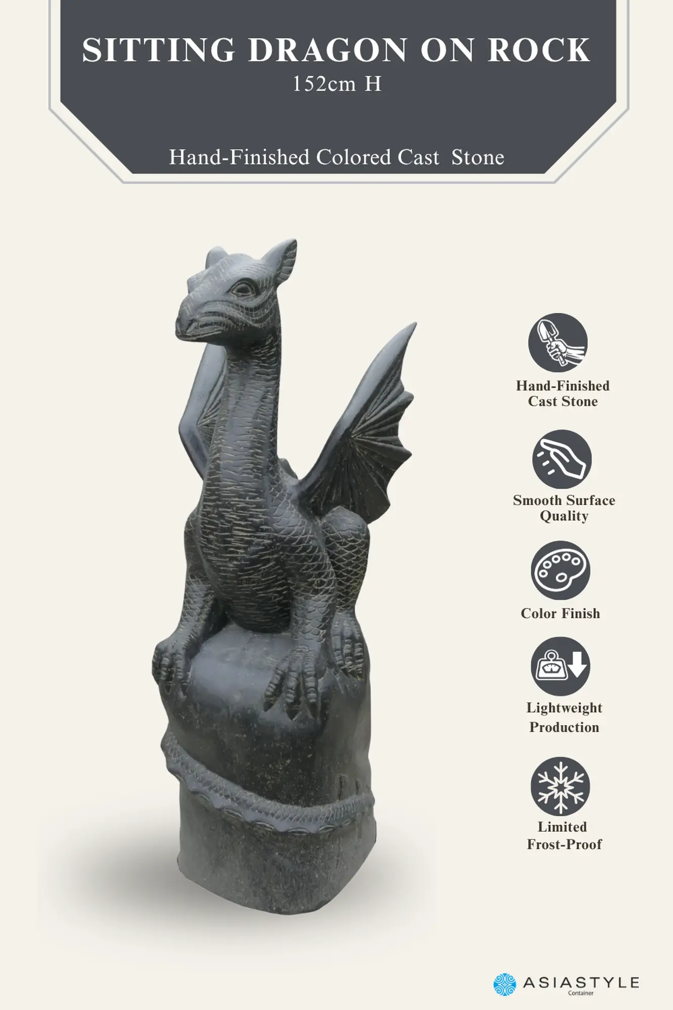  Product image 2 of the product “Sitting dragon on a rock, approx. 152 cm high. Cast stone, handcrafted & colored ”