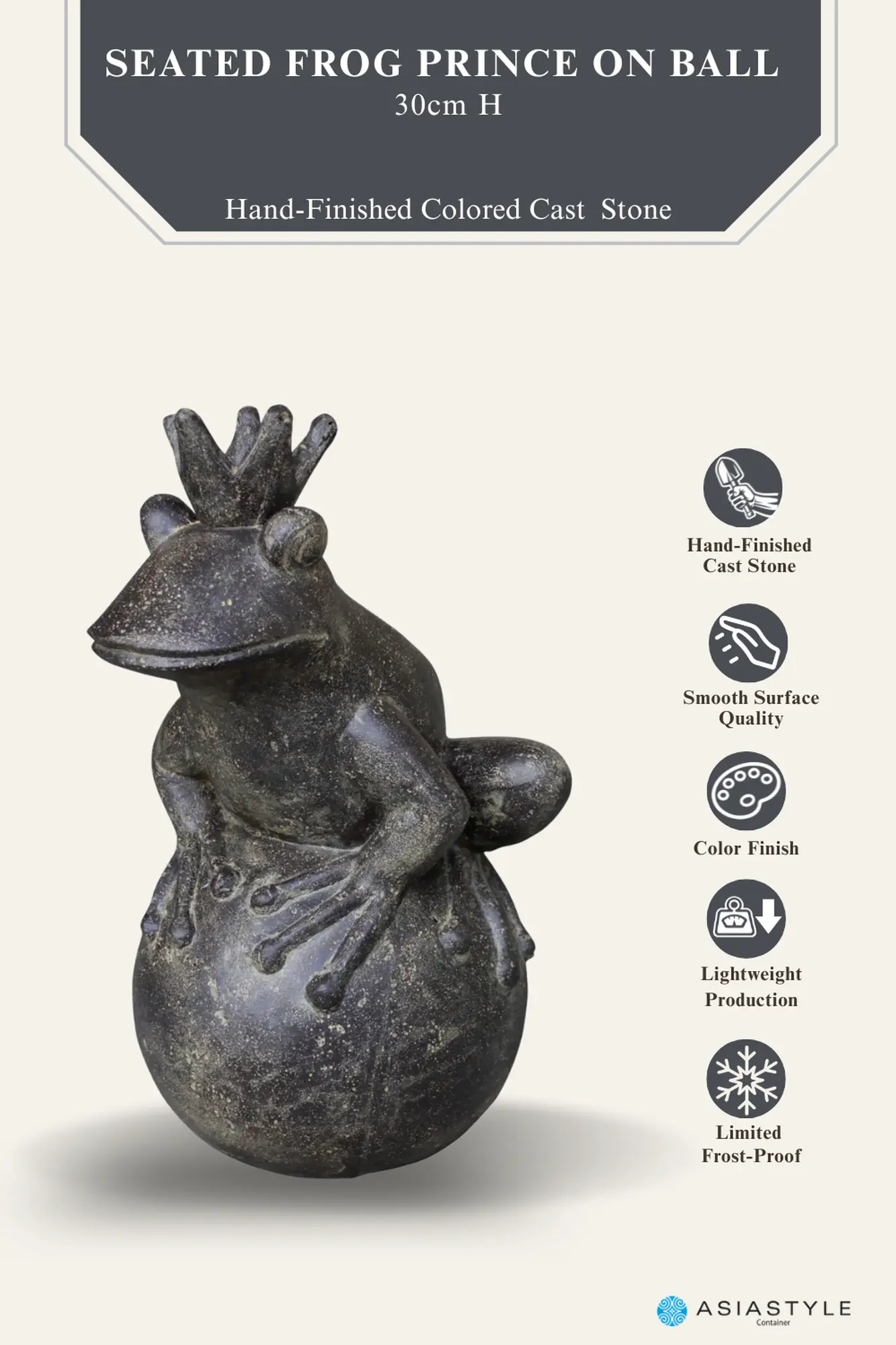  Product image 2 of the product “Frog Prince sitting on ball, approx. 30cm height, cast stone, hollow, handcrafted & coloured ”