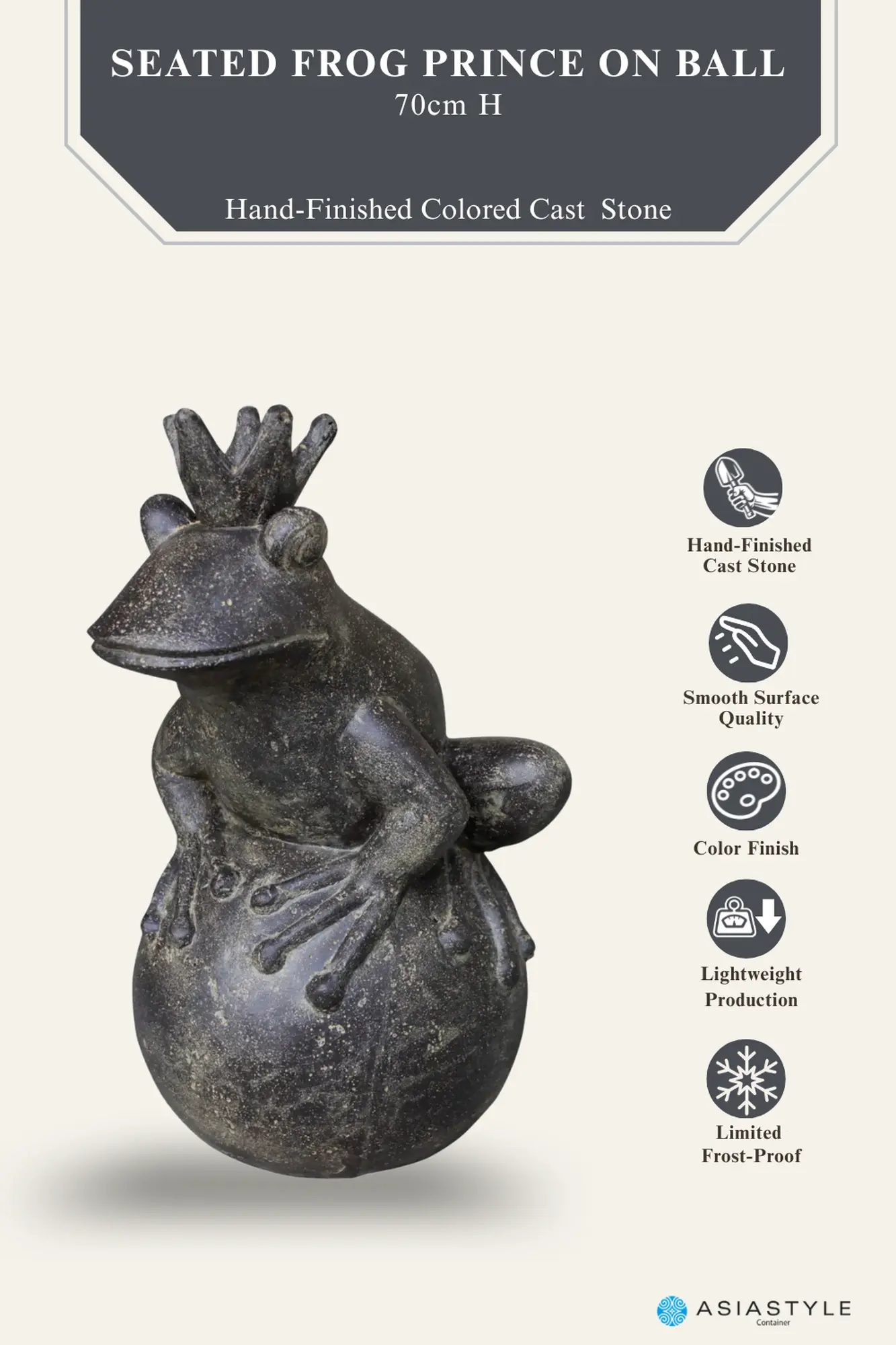  Product image 2 of the product “Frog Prince sitting on ball, approx. 70cm height, cast stone, hollow, handcrafted & coloured ”