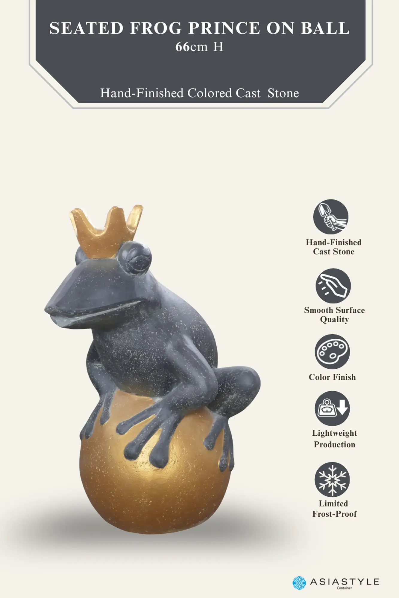  Product image 2 of the product “Frog Prince sitting on ball, approx. 66cm height, cast stone, hollow, handcrafted & coloured ”