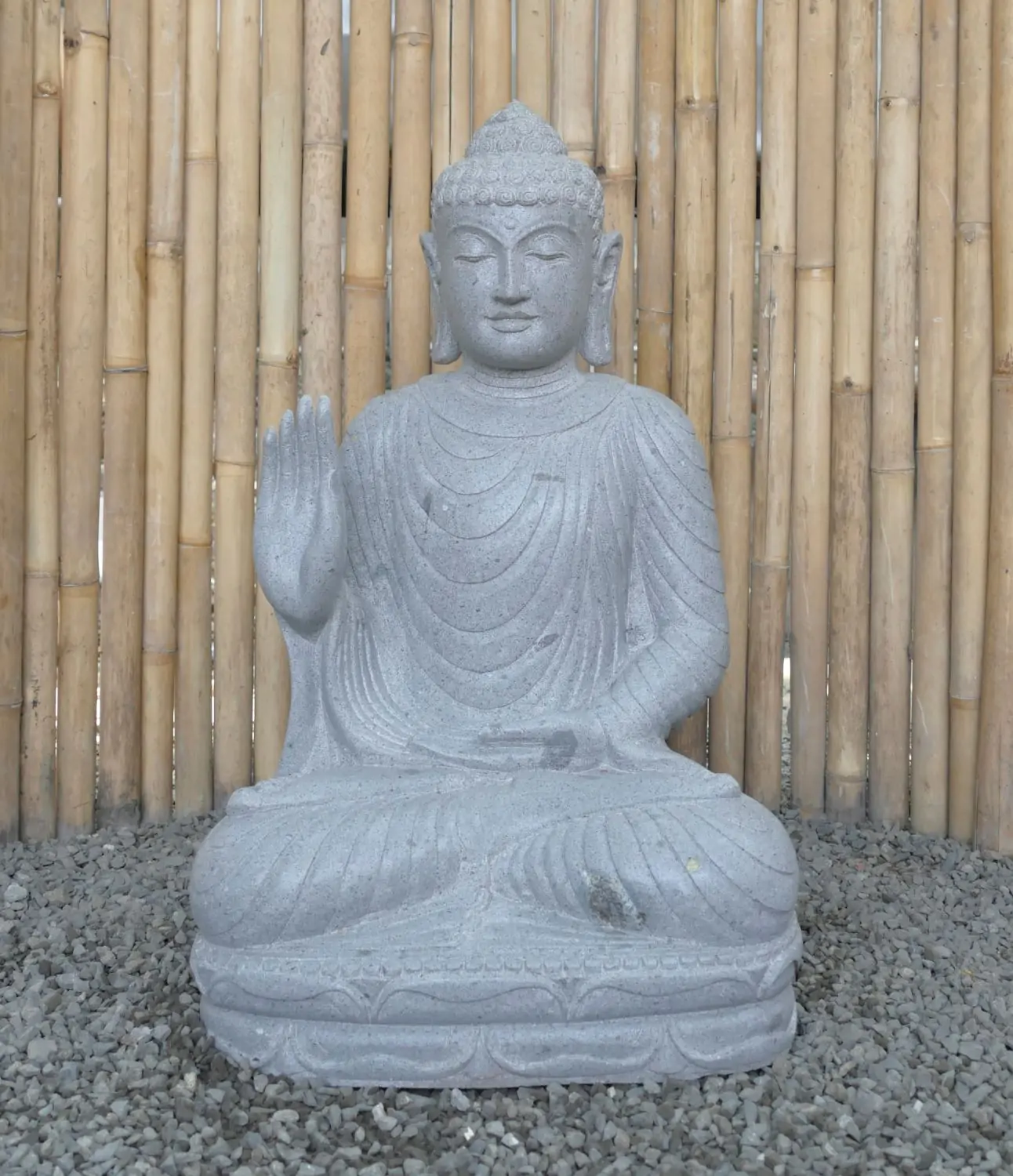  Product image 2 of the product “Seated Buddha made of Riverstone in Abhaya Position - gesture of fearlessness, H. 82cm. ”