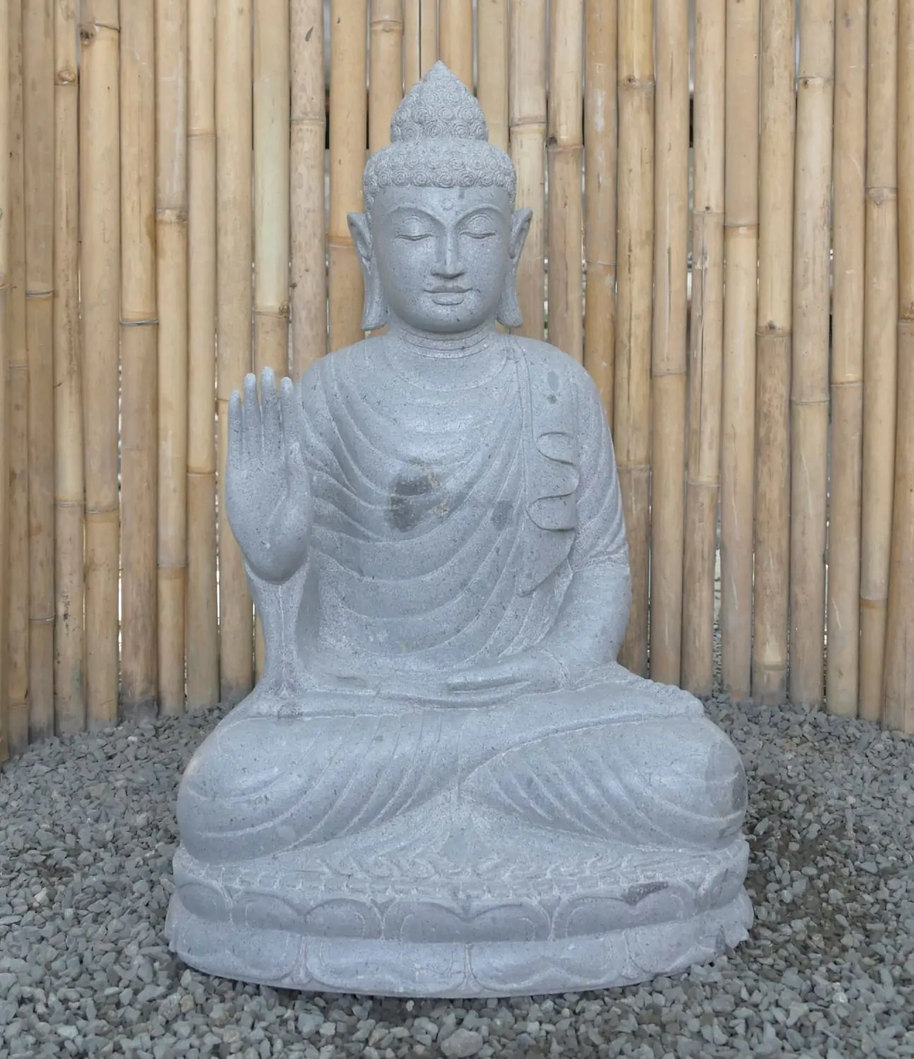  Product image 2 of the product “Seated Buddha made of Riverstone in Abhaya Position - gesture of fearlessness, H. 83cm. ”