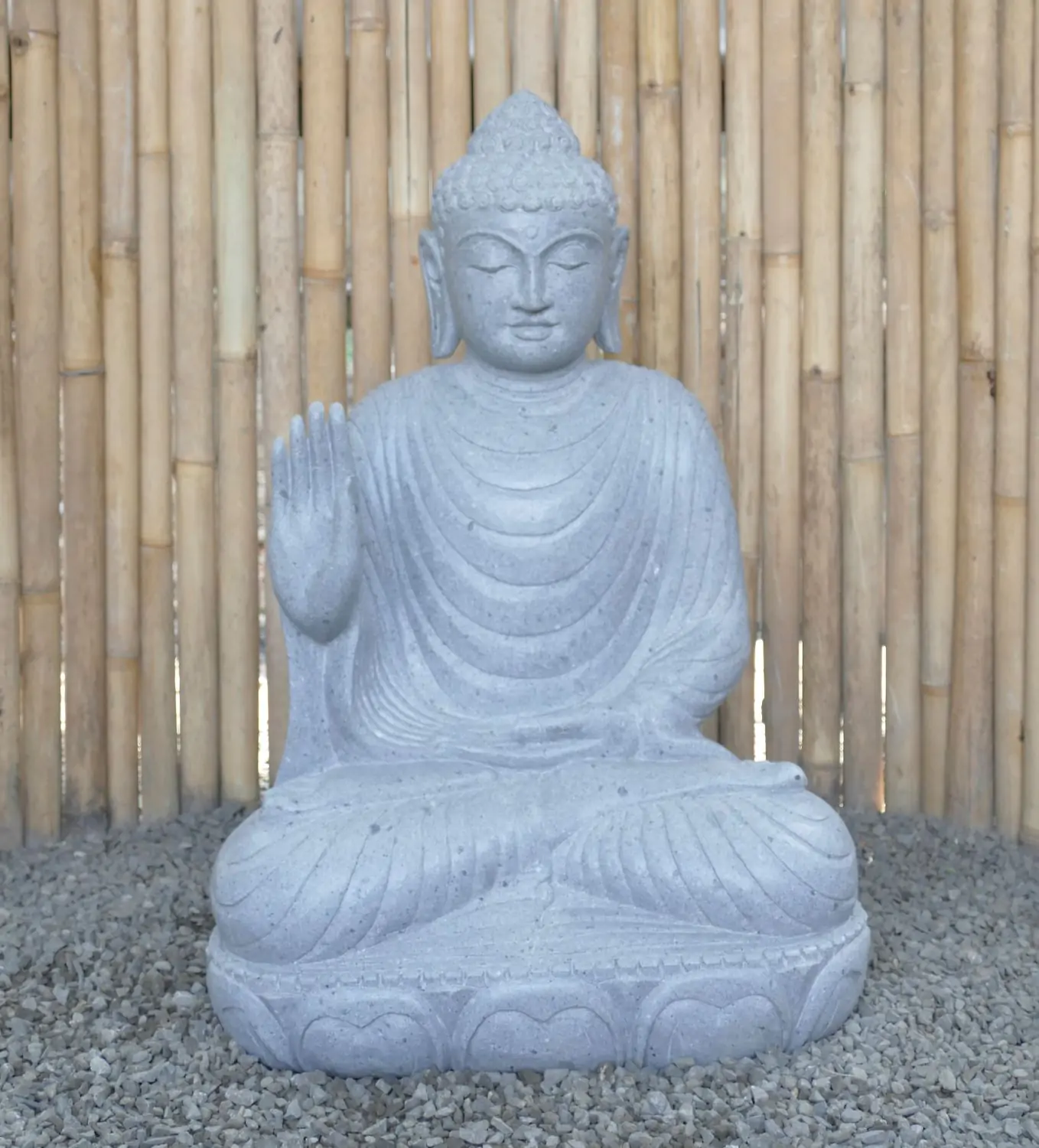  Product image 2 of the product “Seated Buddha made of Riverstone in Abhaya Position - gesture of fearlessness, H. 83cm. ”