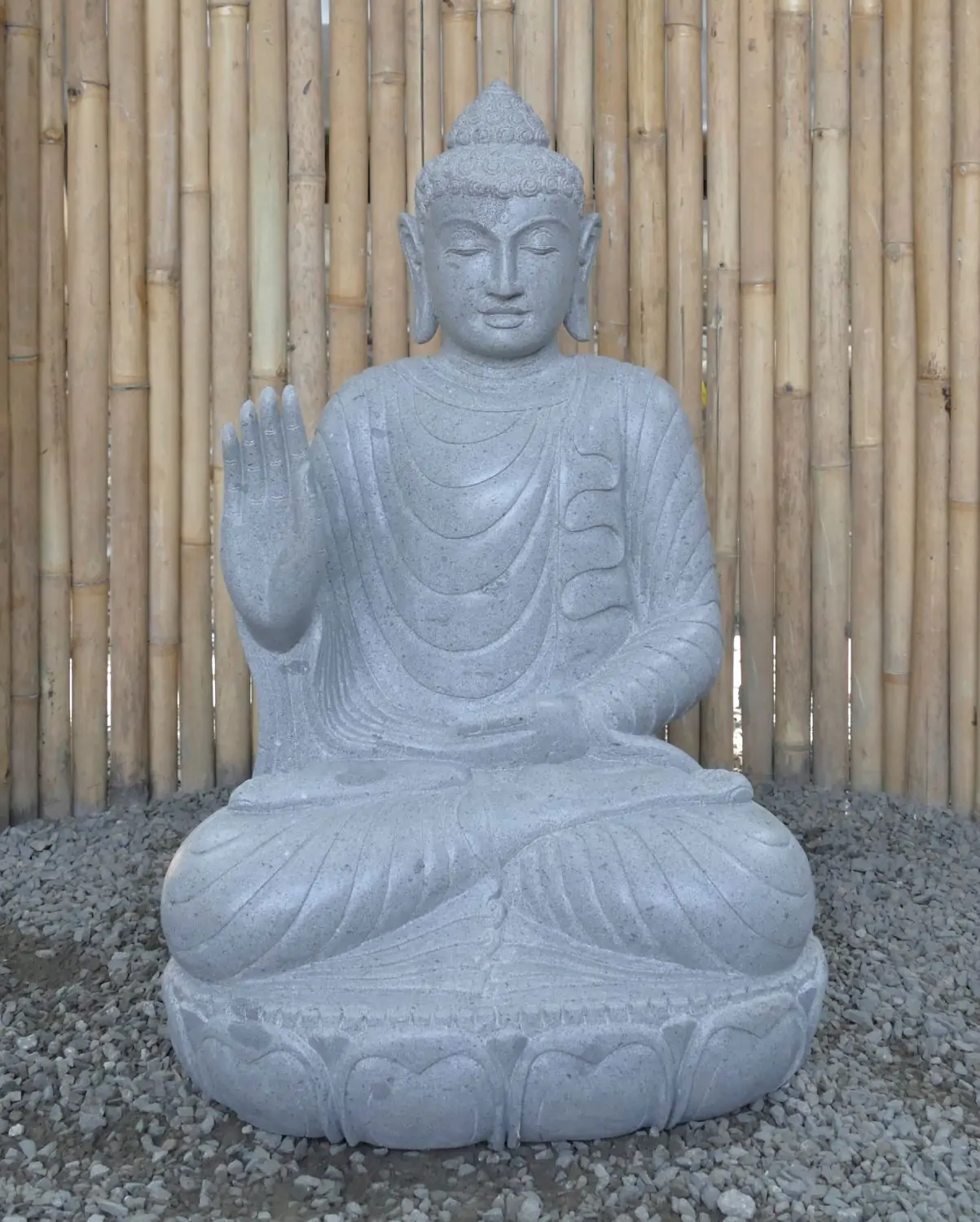  Product image 2 of the product “Seated Buddha made of Riverstone in Abhaya Position - gesture of fearlessness, H. 83cm. ”