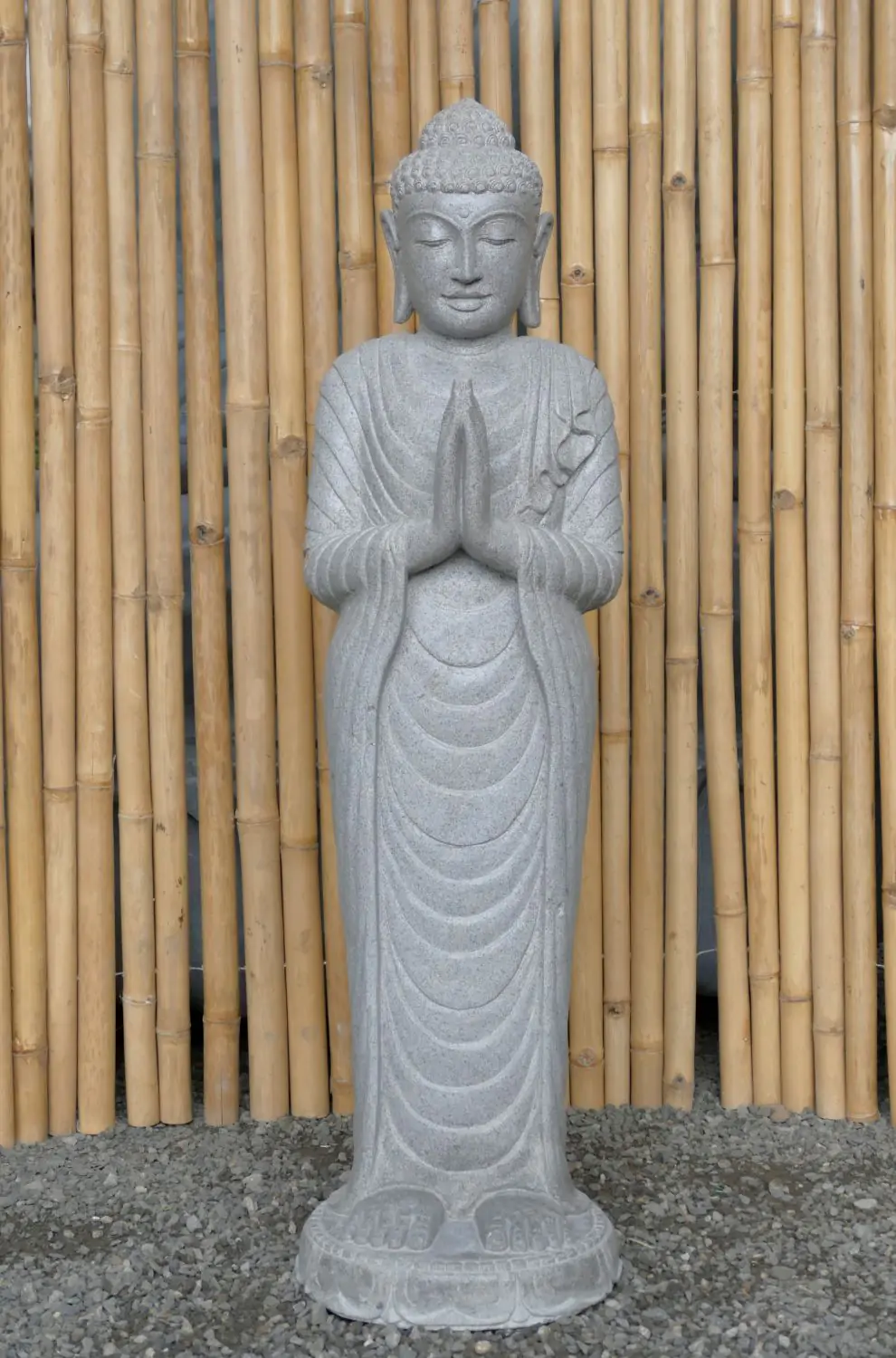  Product image 2 of the product “Standing Buddha made of Riverstone, position Namaskara , H. 122cm. ”