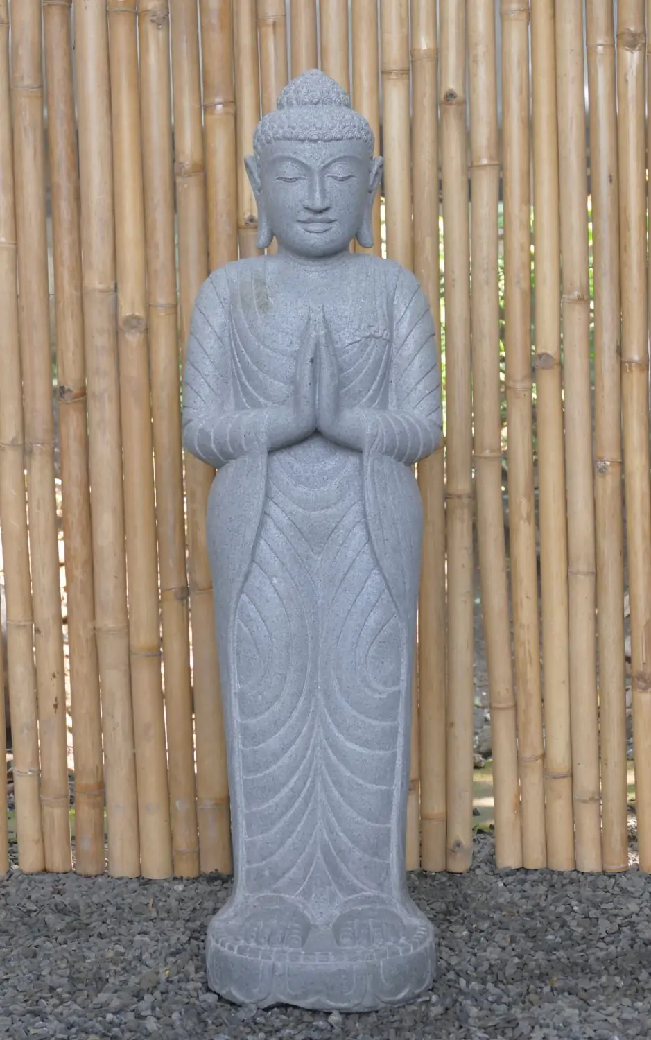  Product image 2 of the product “Standing Buddha made of Riverstone, position Namaskara , H. 118cm. ”