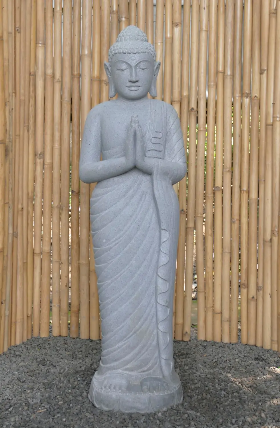  Product image 2 of the product “Standing Buddha made of Riverstone, position Namaskara , H. 149cm. ”