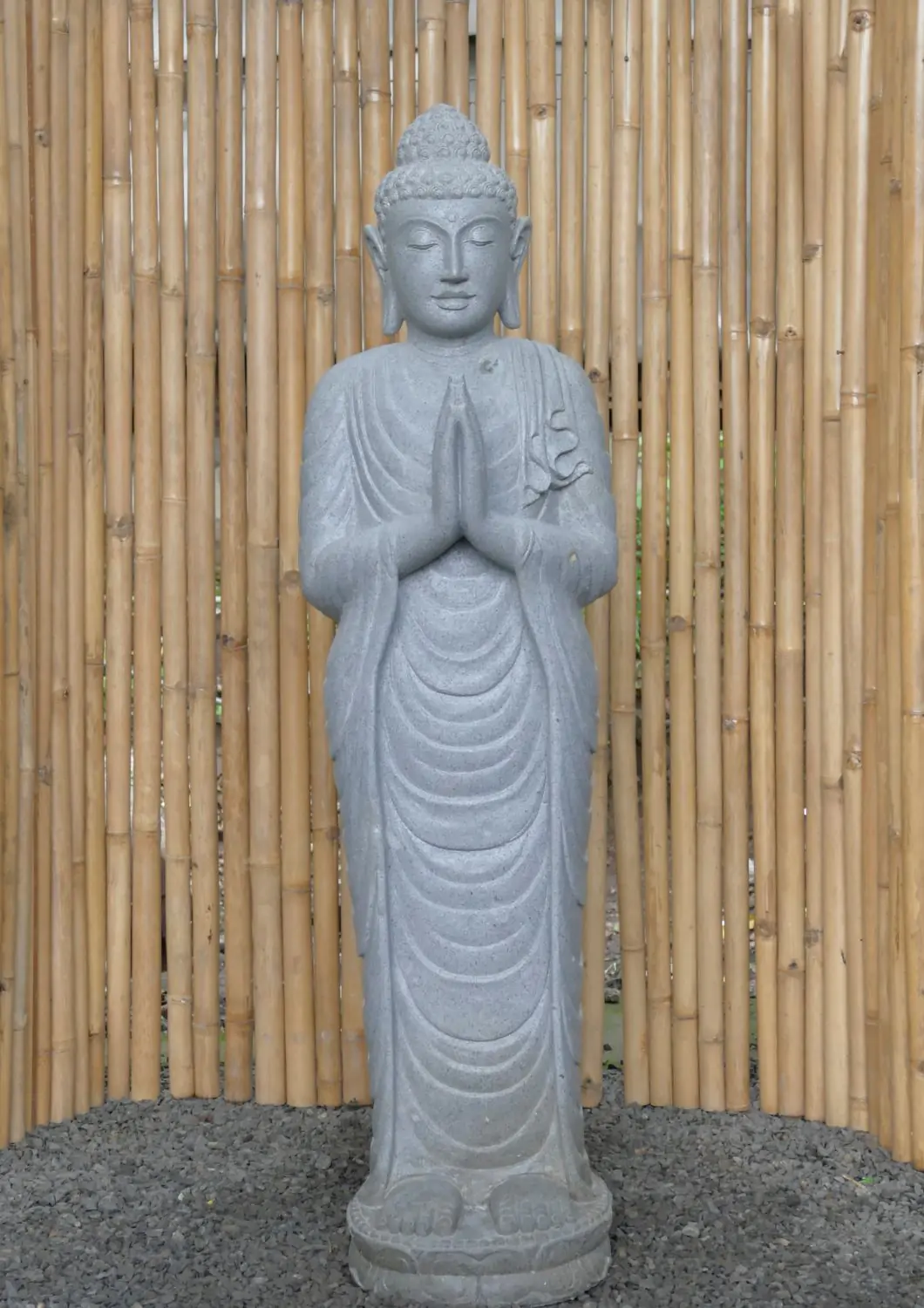  Product image 2 of the product “Standing Buddha made of Riverstone, position Namaskara , H. 151cm. ”