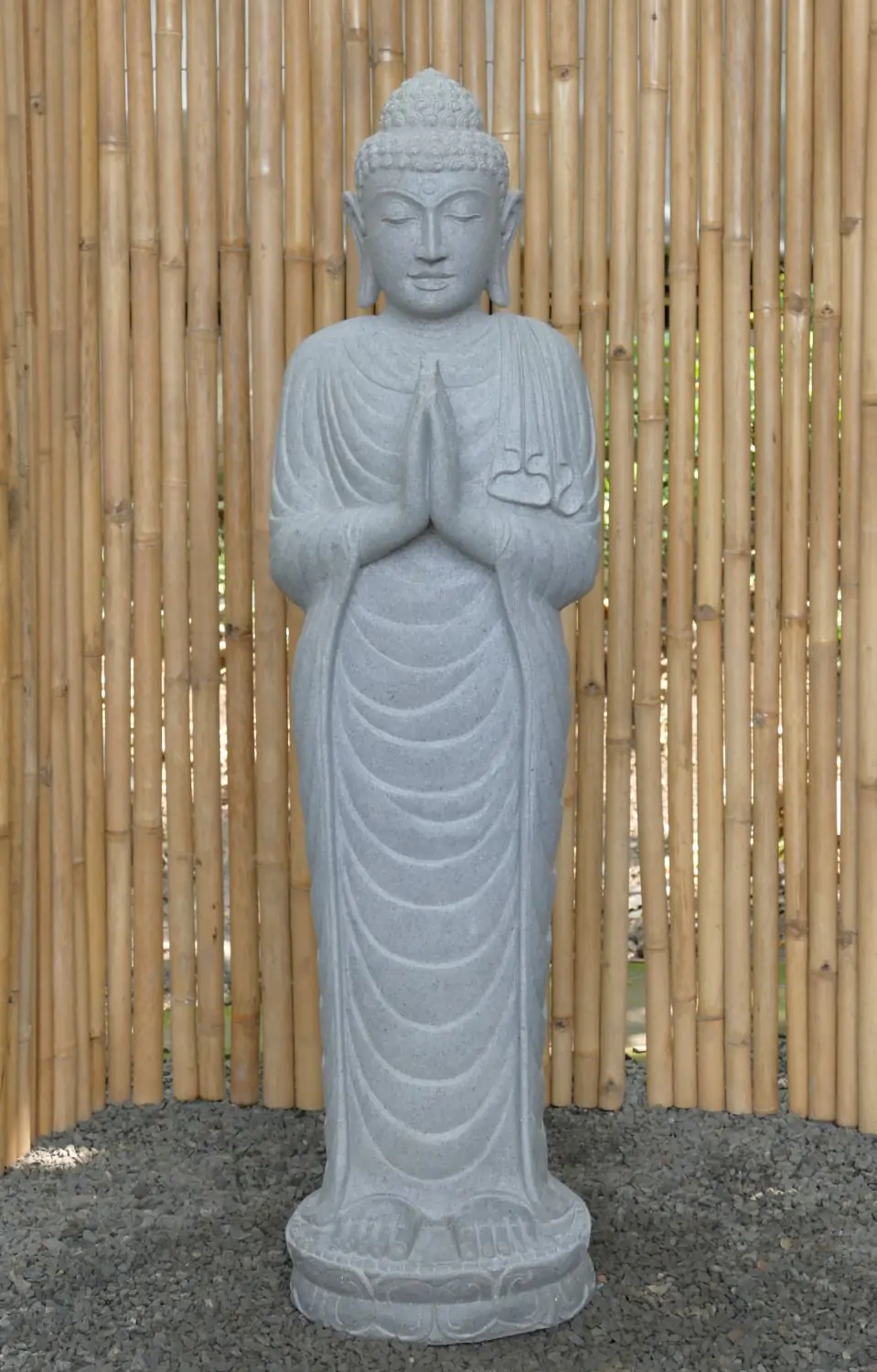  Product image 2 of the product “Standing Buddha made of Riverstone, position Namaskara , H. 153cm. ”