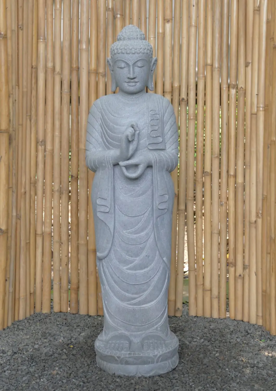  Product image 2 of the product “Standing Buddha made of Riverstone in Dharmachakra position - gesture of wheel of the teaching of Dharma. About 151cm height ”