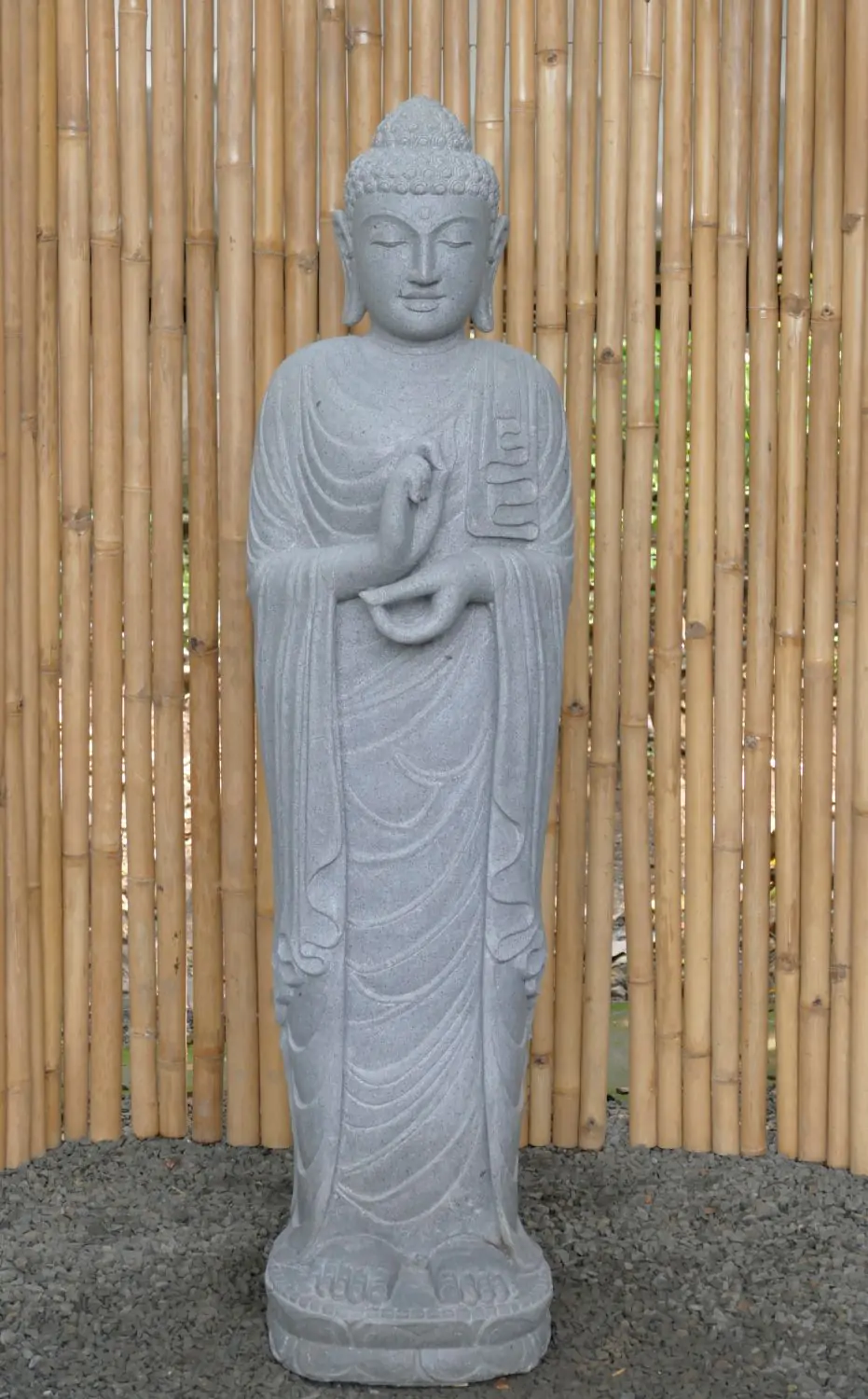  Product image 2 of the product “Standing Buddha made of Riverstone in Dharmachakra position - gesture of wheel of the teaching of Dharma. About 152cm height ”