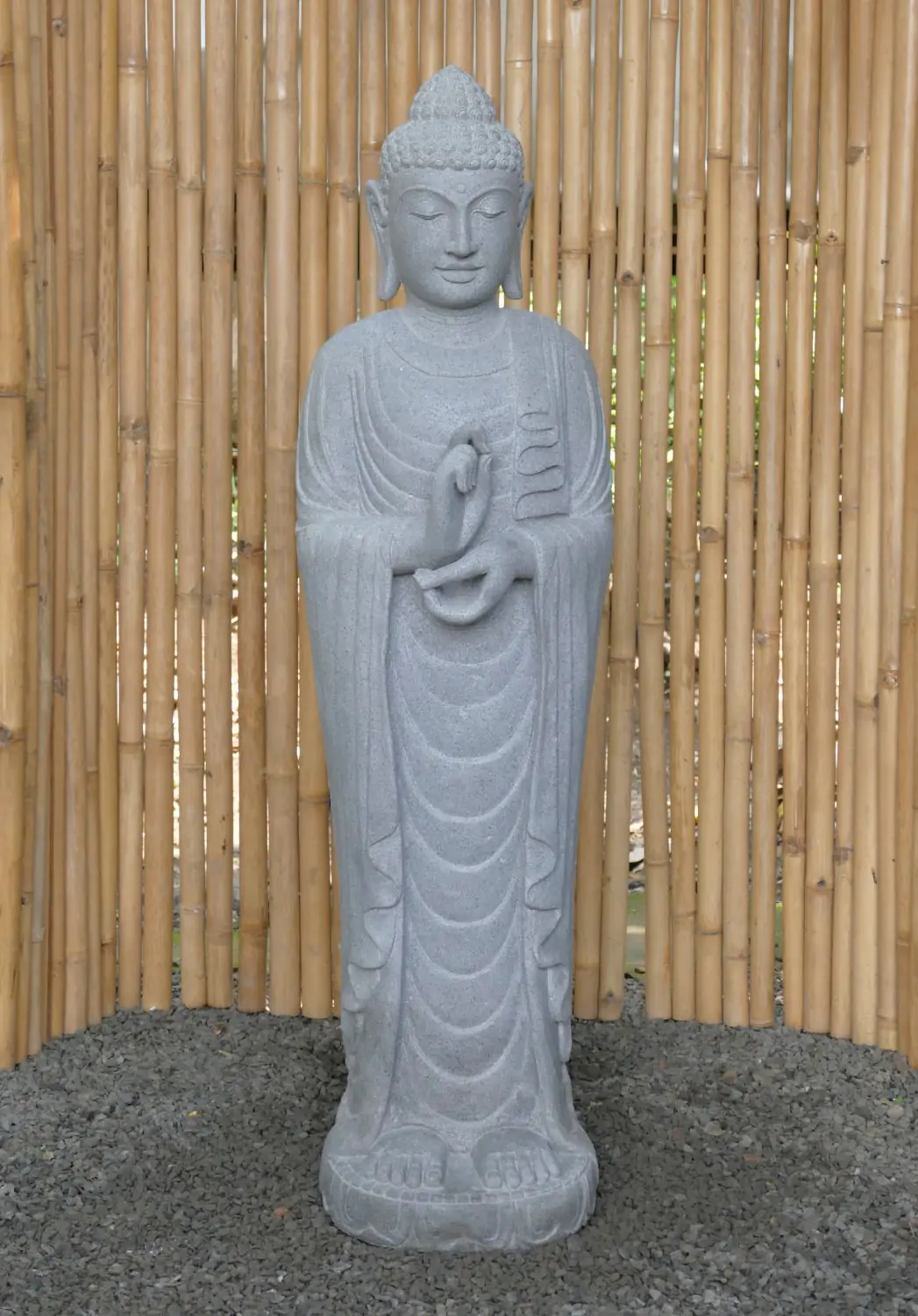  Product image 2 of the product “Standing Buddha made of Riverstone in Dharmachakra position - gesture of wheel of the teaching of Dharma. About 143cm height ”