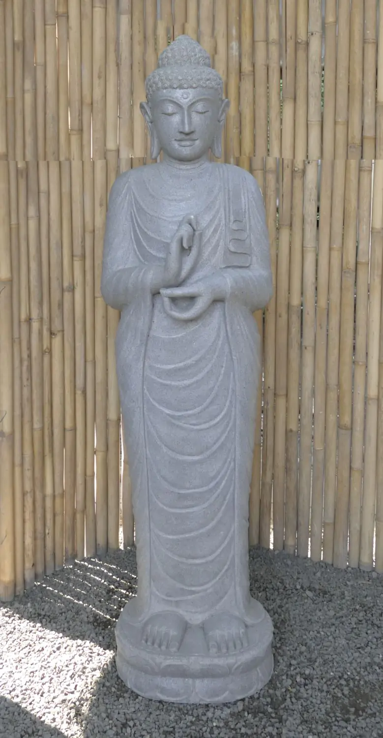  Product image 2 of the product “Standing Buddha made of Riverstone in Dharmachakra position - gesture of wheel of the teaching of Dharma. About 180cm height. ”