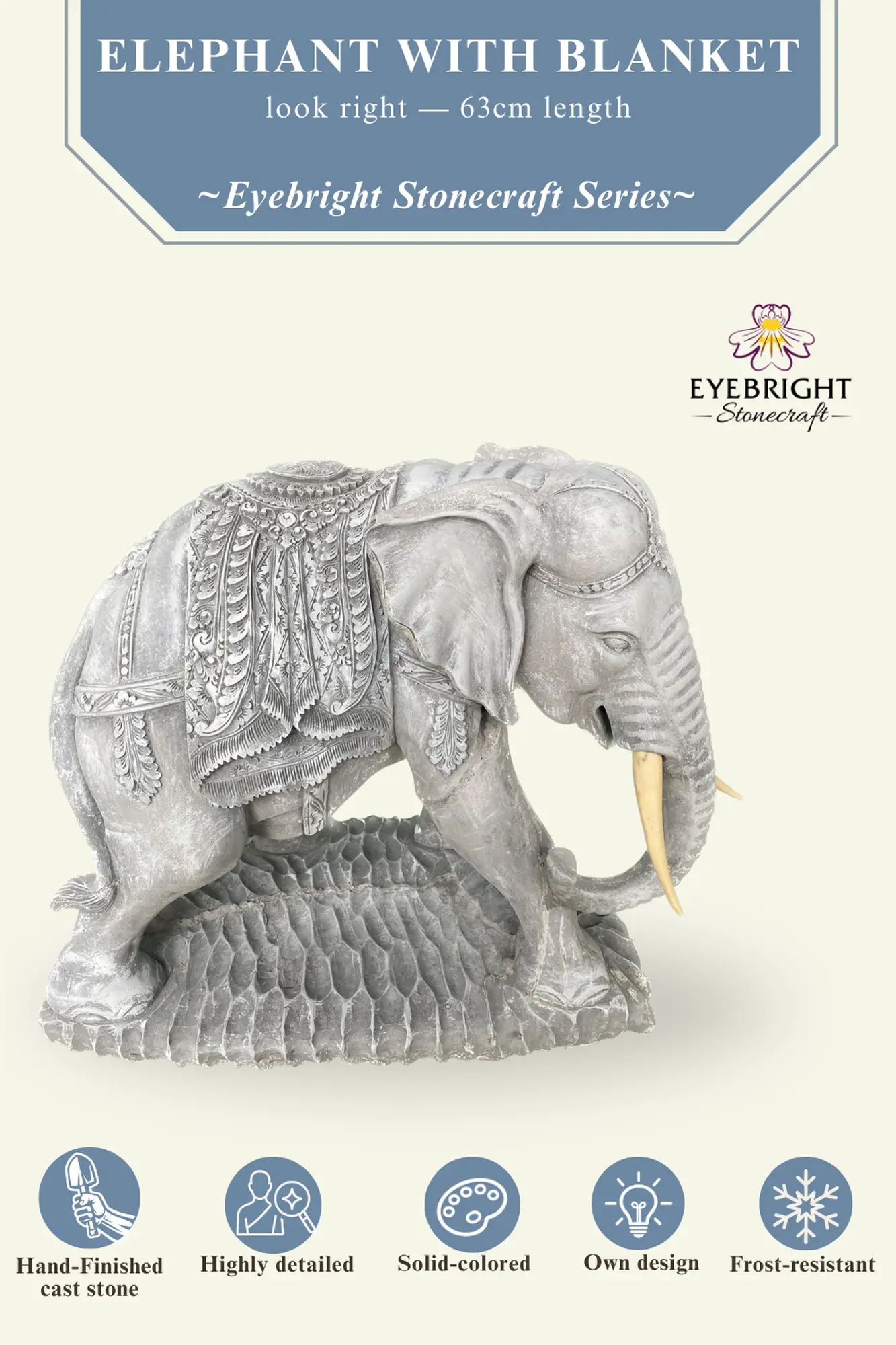  Product image 3 of the product “Avan - Elephant with blanket, looking to the right. 63 cm L | cast stone ”