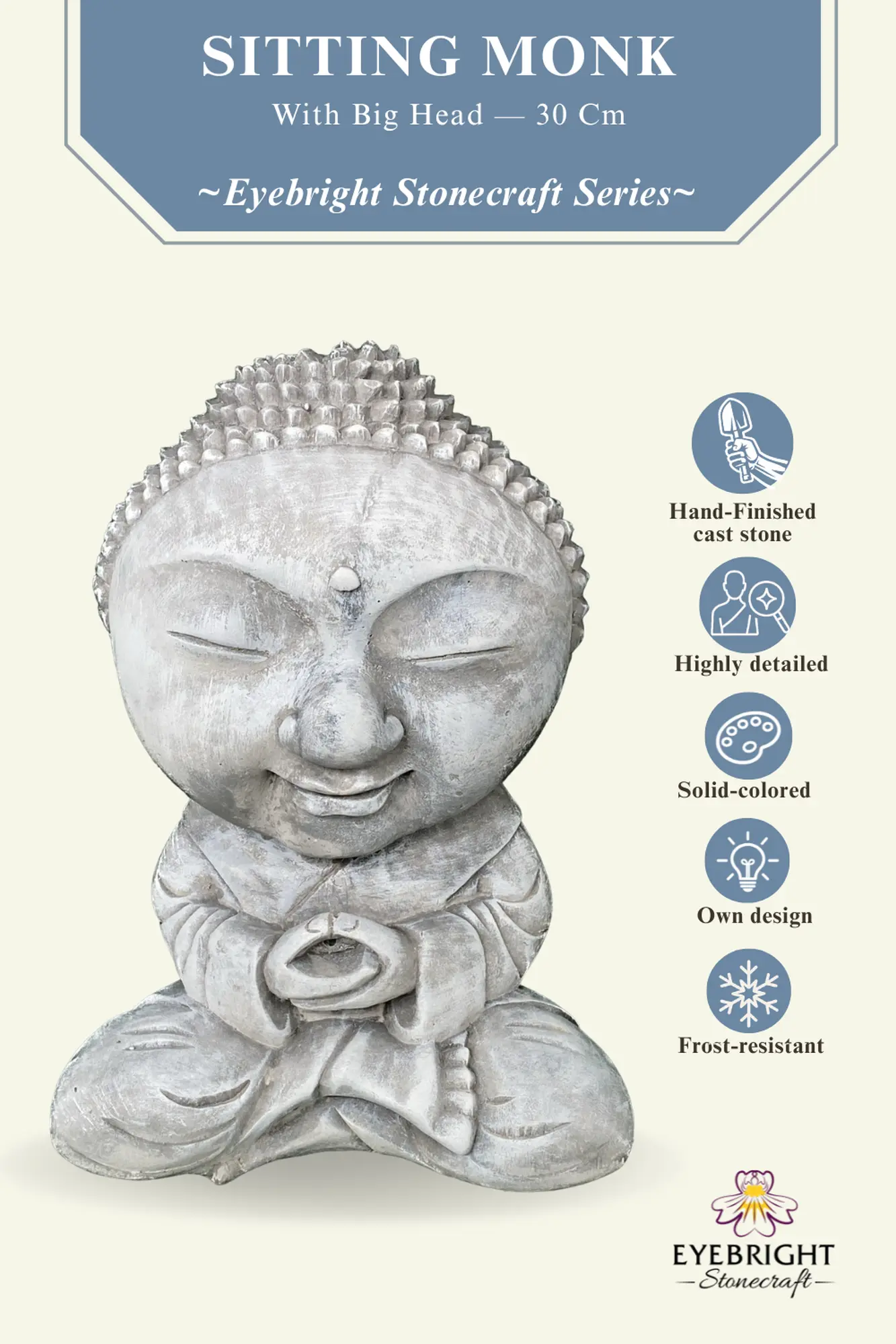  Product image 3 of the product “Nima - Sitting monk with big head, 30 cm H | cast stone ”