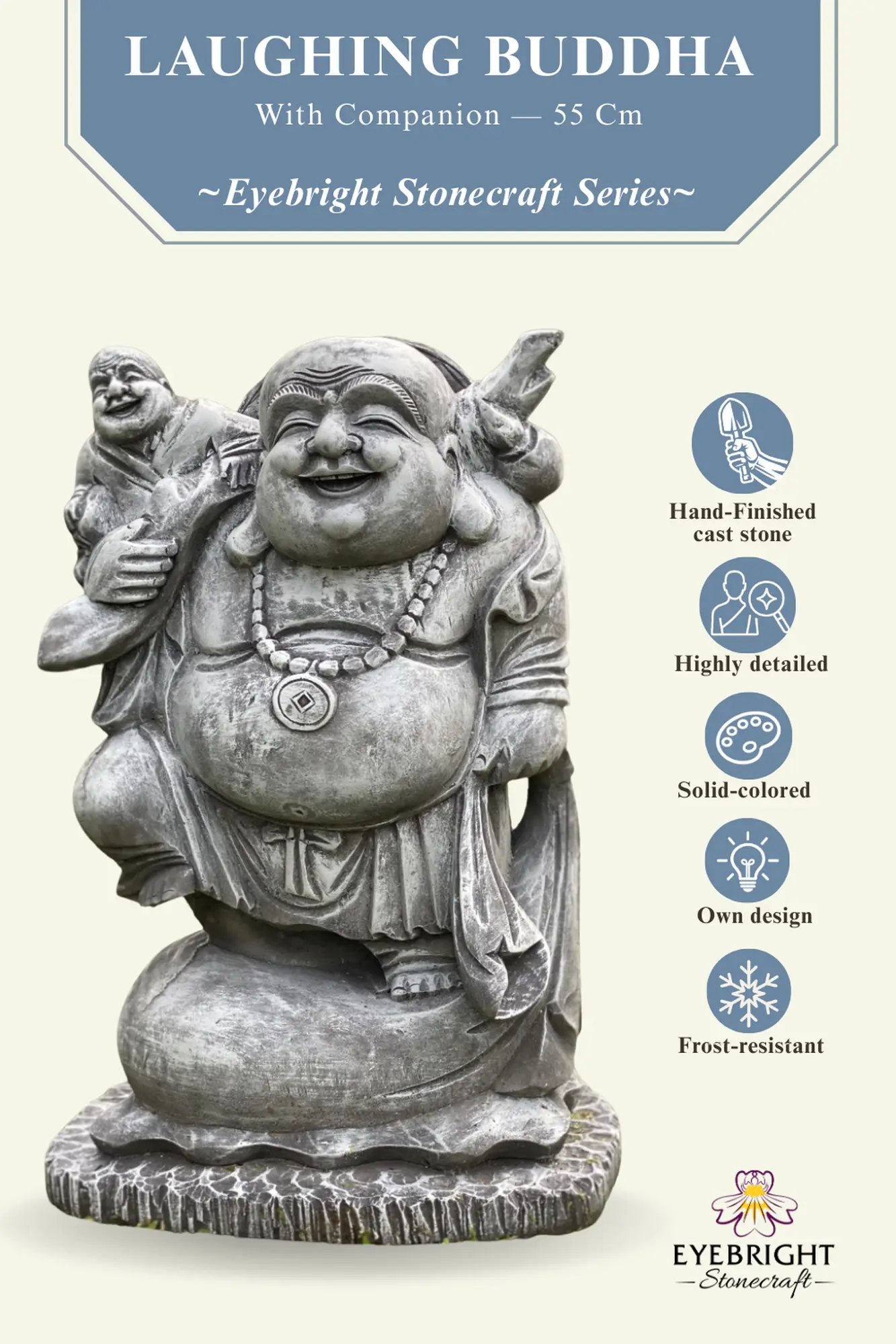  Product image 3 of the product “Sammo - Standing Chinese Buddha with small Buddha on shoulder, 55cm H | cast stone ”