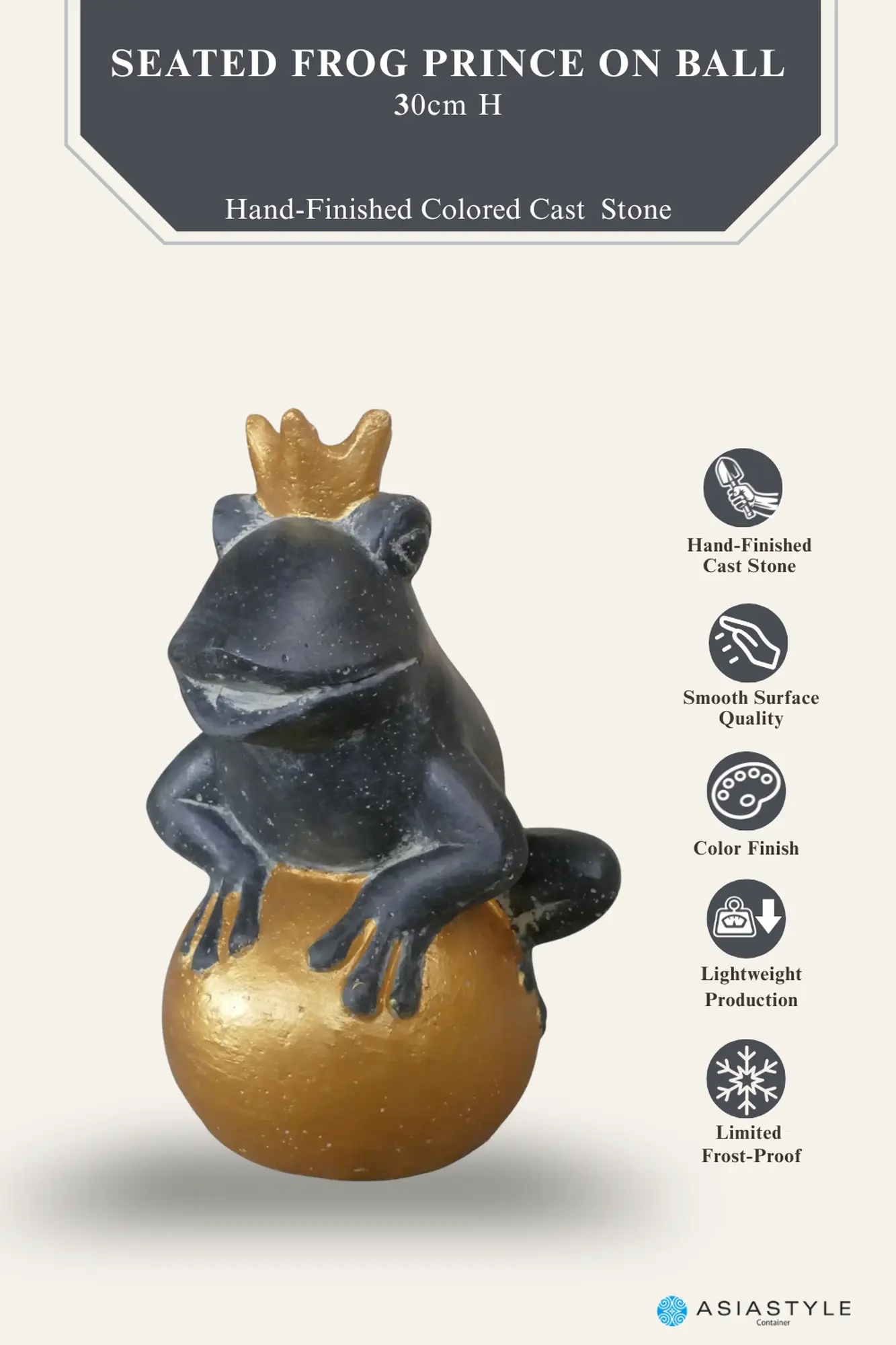  Product image 3 of the product “Frog Prince sitting on ball, approx. 30cm height, cast stone, hollow, handcrafted & coloured ”