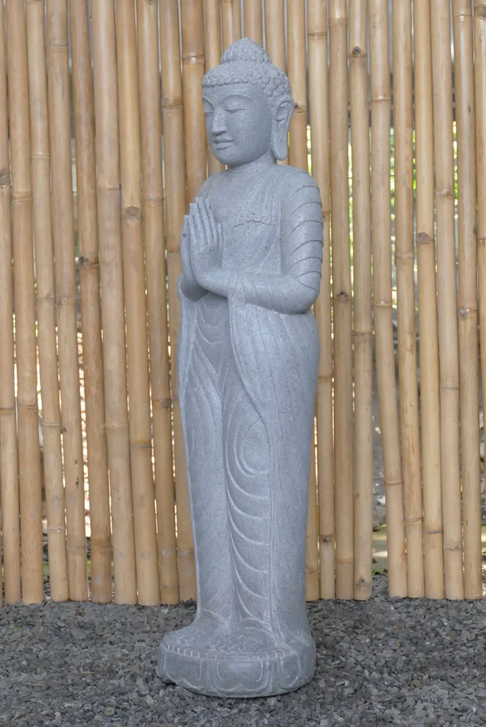  Product image 3 of the product “Standing Buddha made of Riverstone, position Namaskara , H. 118cm. ”