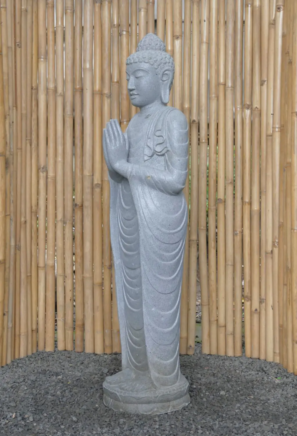  Product image 3 of the product “Standing Buddha made of Riverstone, position Namaskara , H. 151cm. ”