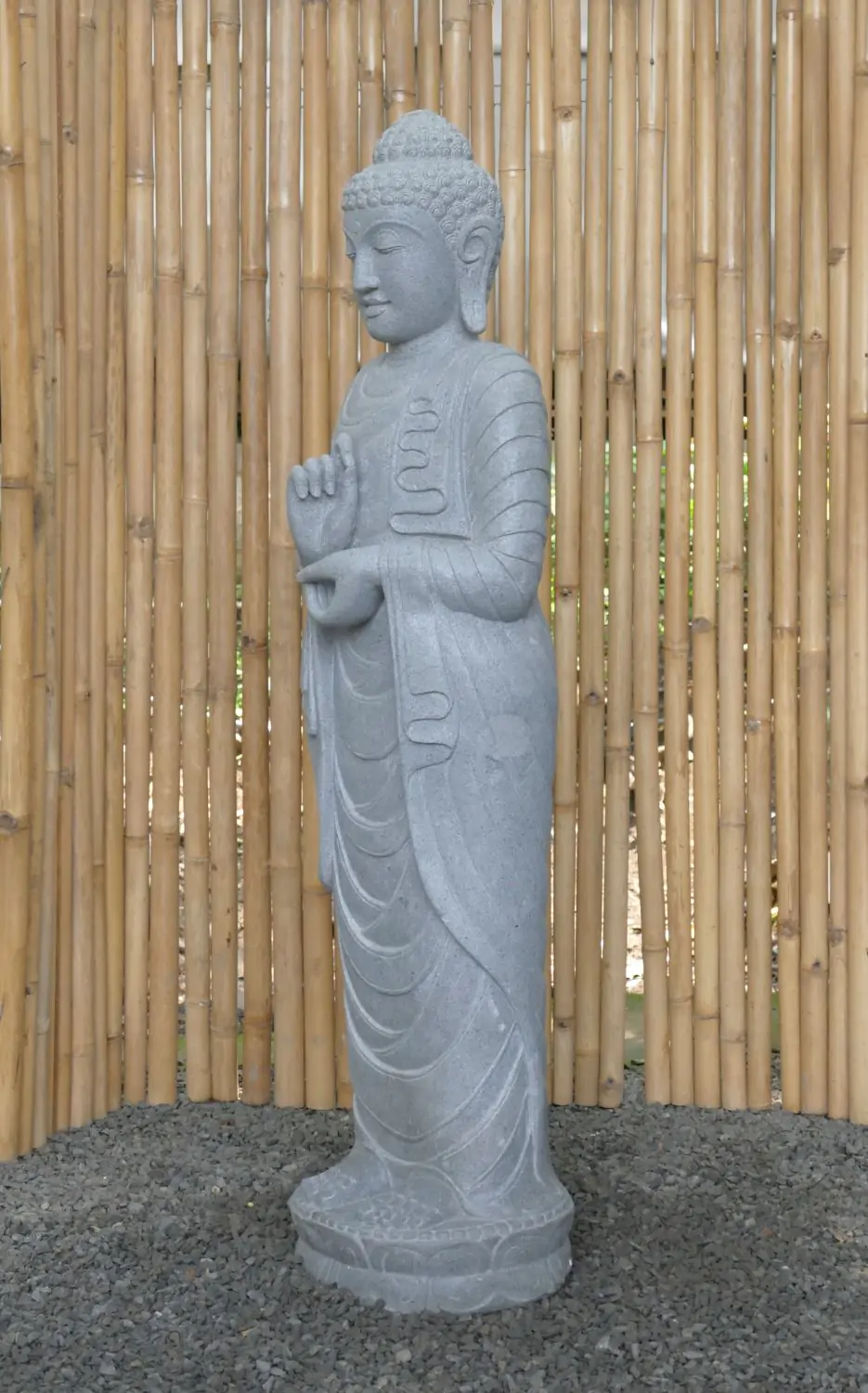  Product image 3 of the product “Standing Buddha made of Riverstone in Dharmachakra position - gesture of wheel of the teaching of Dharma. About 151cm height ”