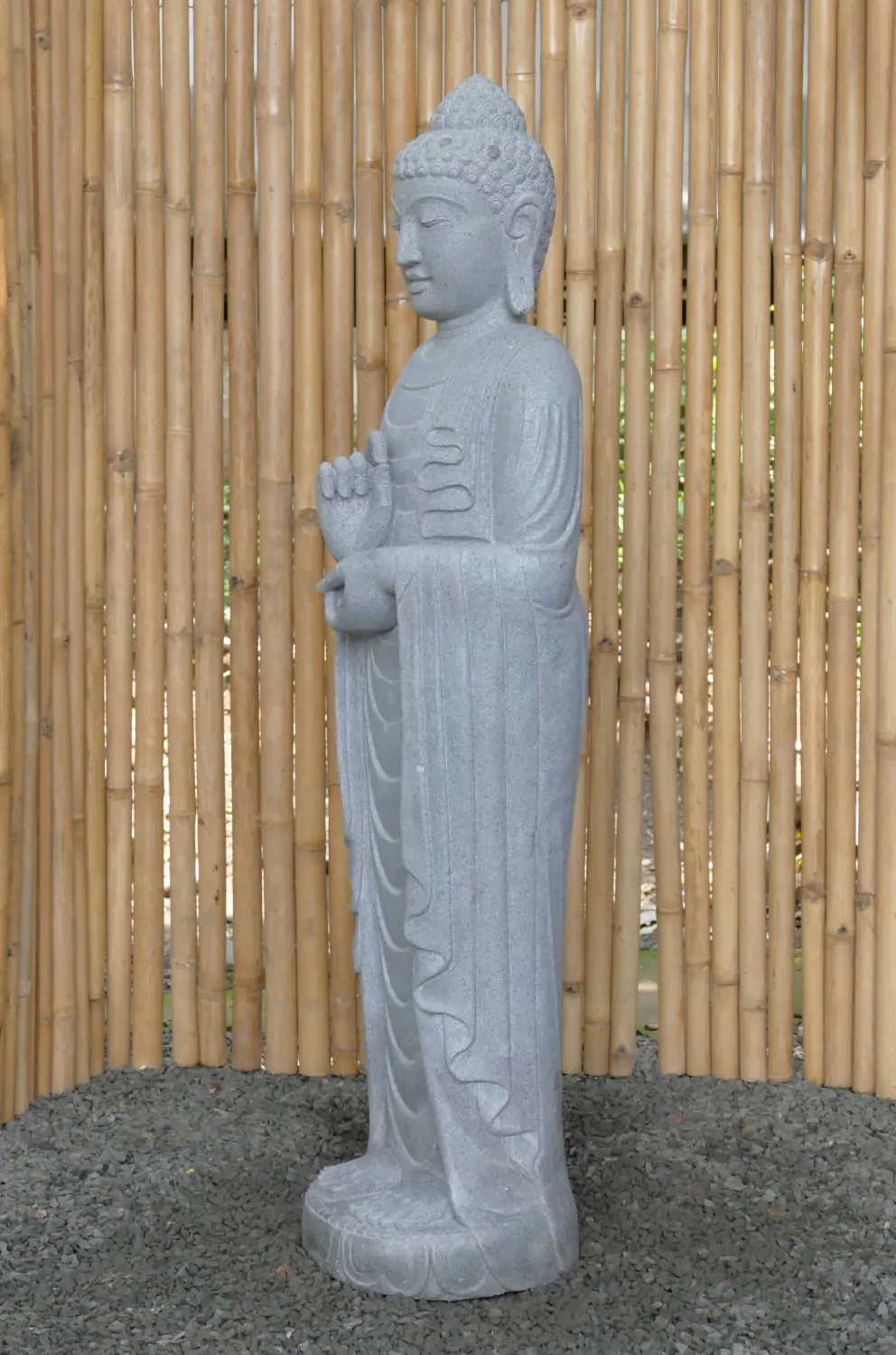  Product image 3 of the product “Standing Buddha made of Riverstone in Dharmachakra position - gesture of wheel of the teaching of Dharma. About 143cm height ”