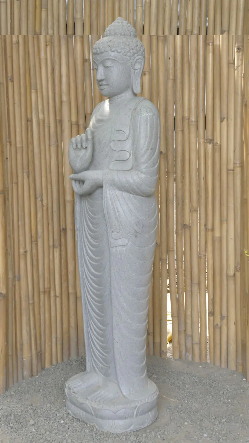  Product image 3 of the product “Standing Buddha made of Riverstone in Dharmachakra position - gesture of wheel of the teaching of Dharma. About 181cm height. ”