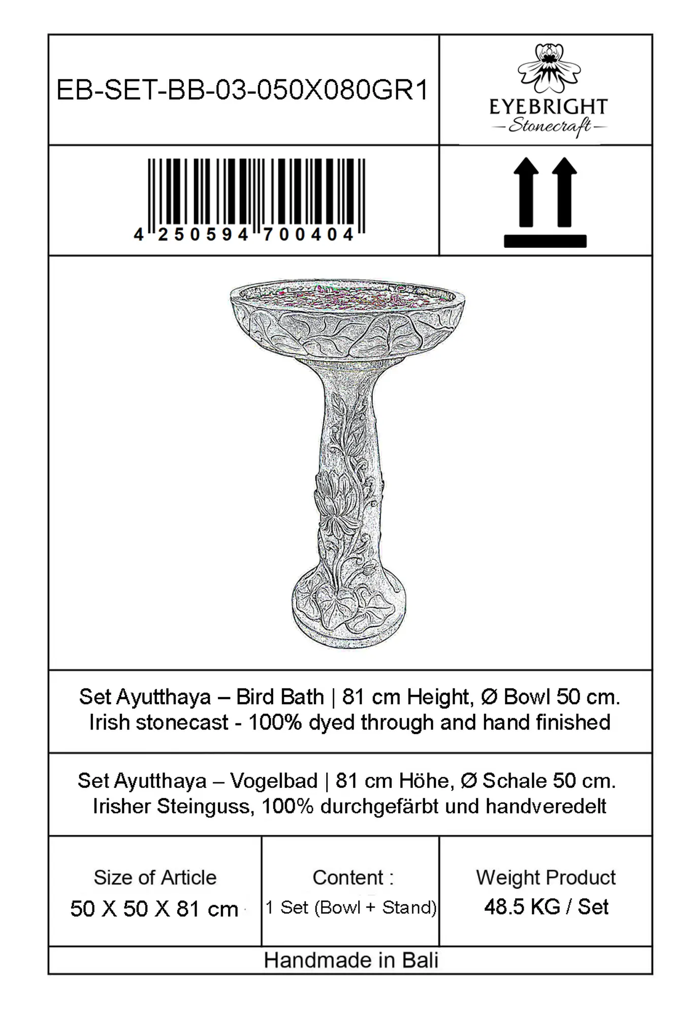  Product image 4 of the product “Set Ayutthaya – Bird Bath | 81 cm Height, Ø Bowl 50 cm | Casted Stone ”