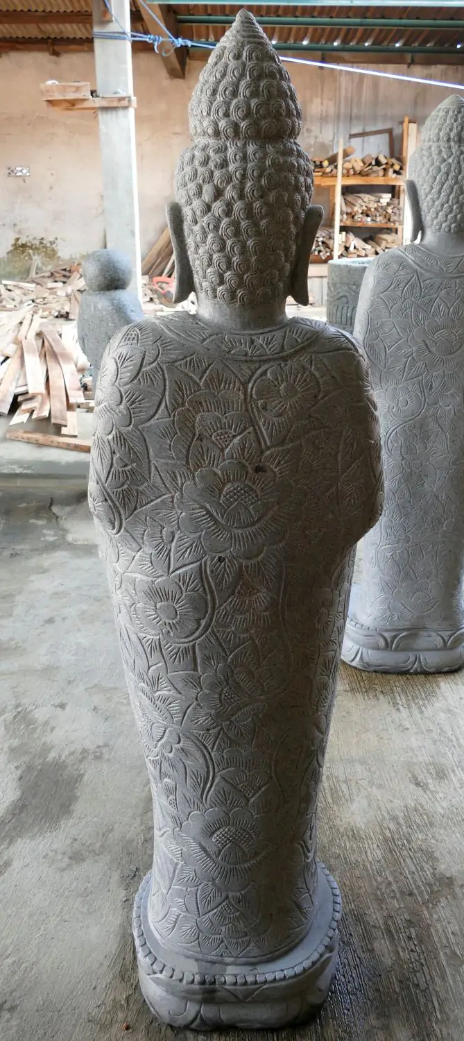  Product image 4 of the product “Standing Buddha with floral carving, Abudaya position. 54 x 36 x 176cm. Natural stone (river stone), stonemasonry ”