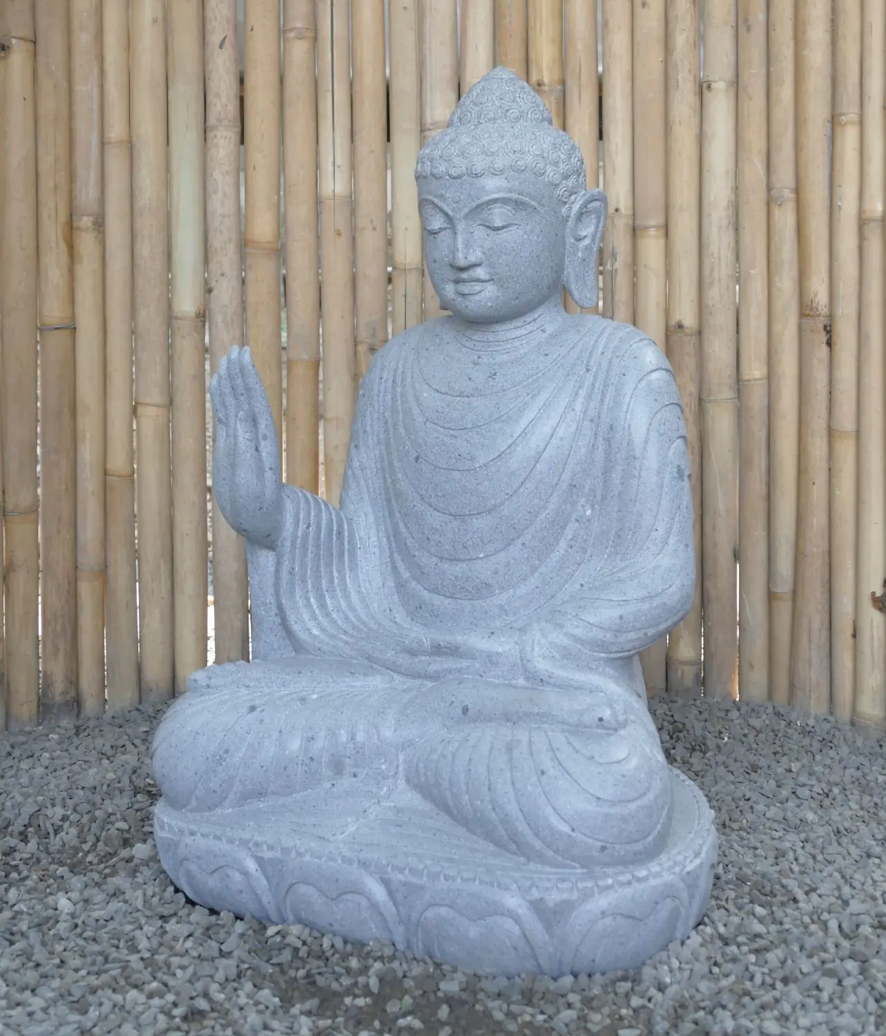  Product image 4 of the product “Seated Buddha made of Riverstone in Abhaya Position - gesture of fearlessness, H. 83cm. ”