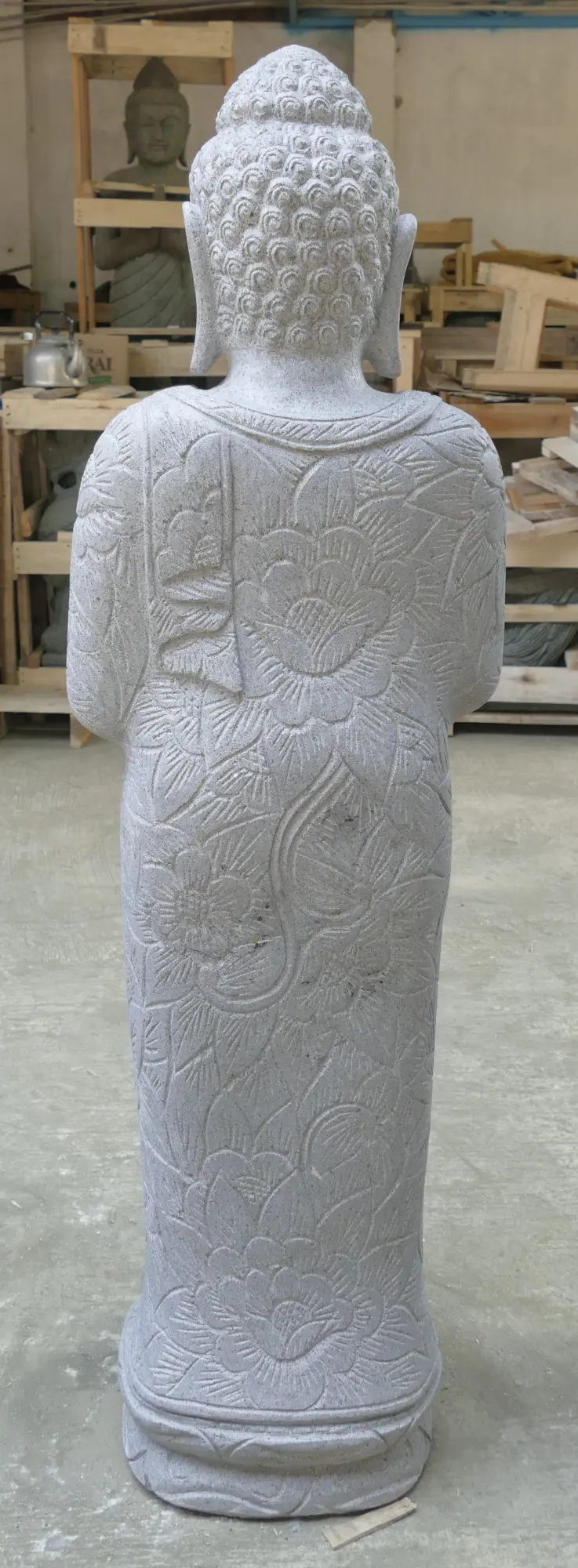  Product image 5 of the product “Standing Buddha with floral carving, Greeting position. 39 x 30 x 129cm. Natural stone (river stone), stonemasonry ”