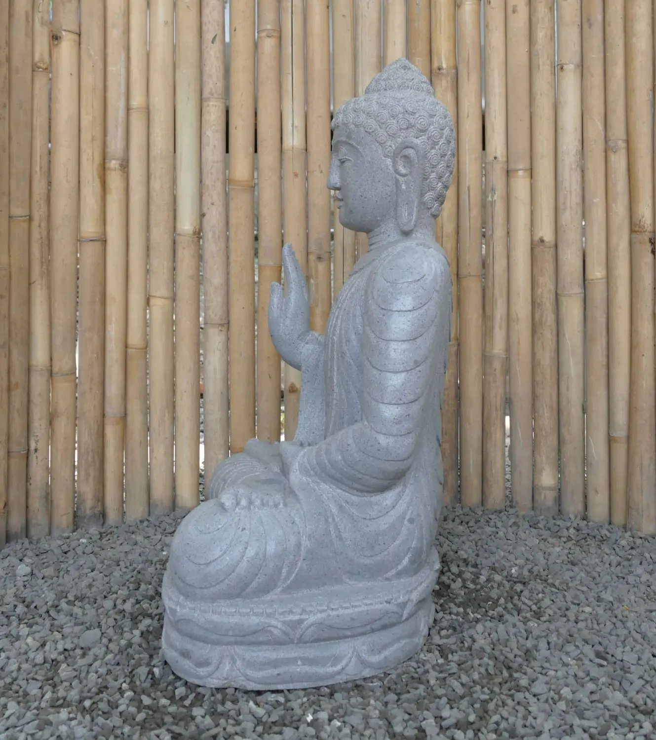  Product image 5 of the product “Seated Buddha made of Riverstone in Abhaya Position - gesture of fearlessness, H. 82cm. ”