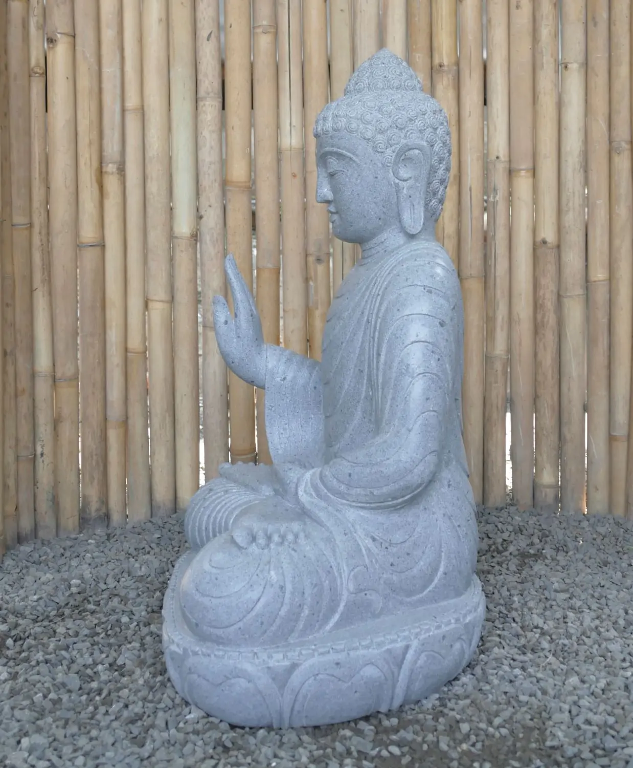  Product image 5 of the product “Seated Buddha made of Riverstone in Abhaya Position - gesture of fearlessness, H. 83cm. ”