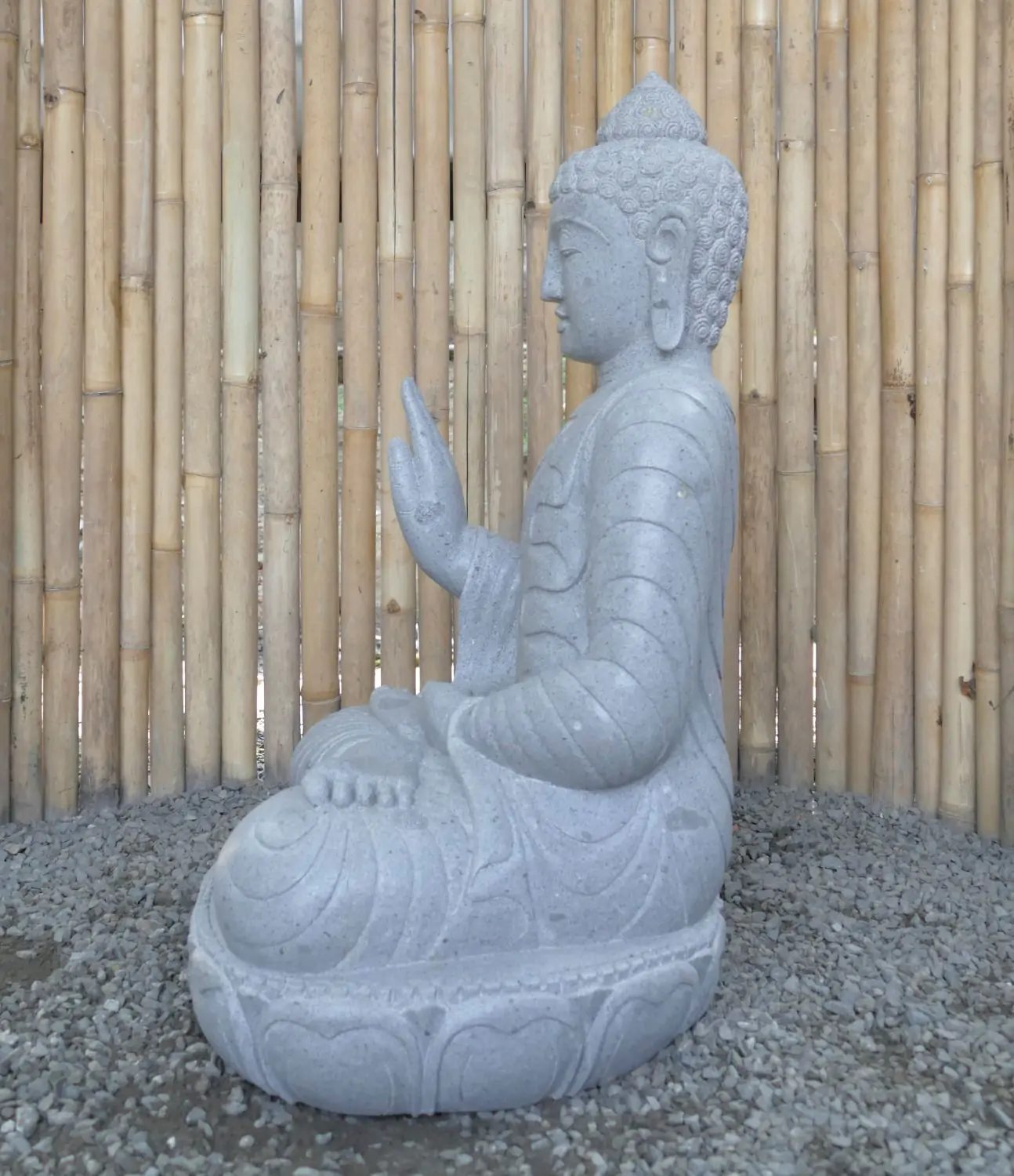  Product image 5 of the product “Seated Buddha made of Riverstone in Abhaya Position - gesture of fearlessness, H. 83cm. ”