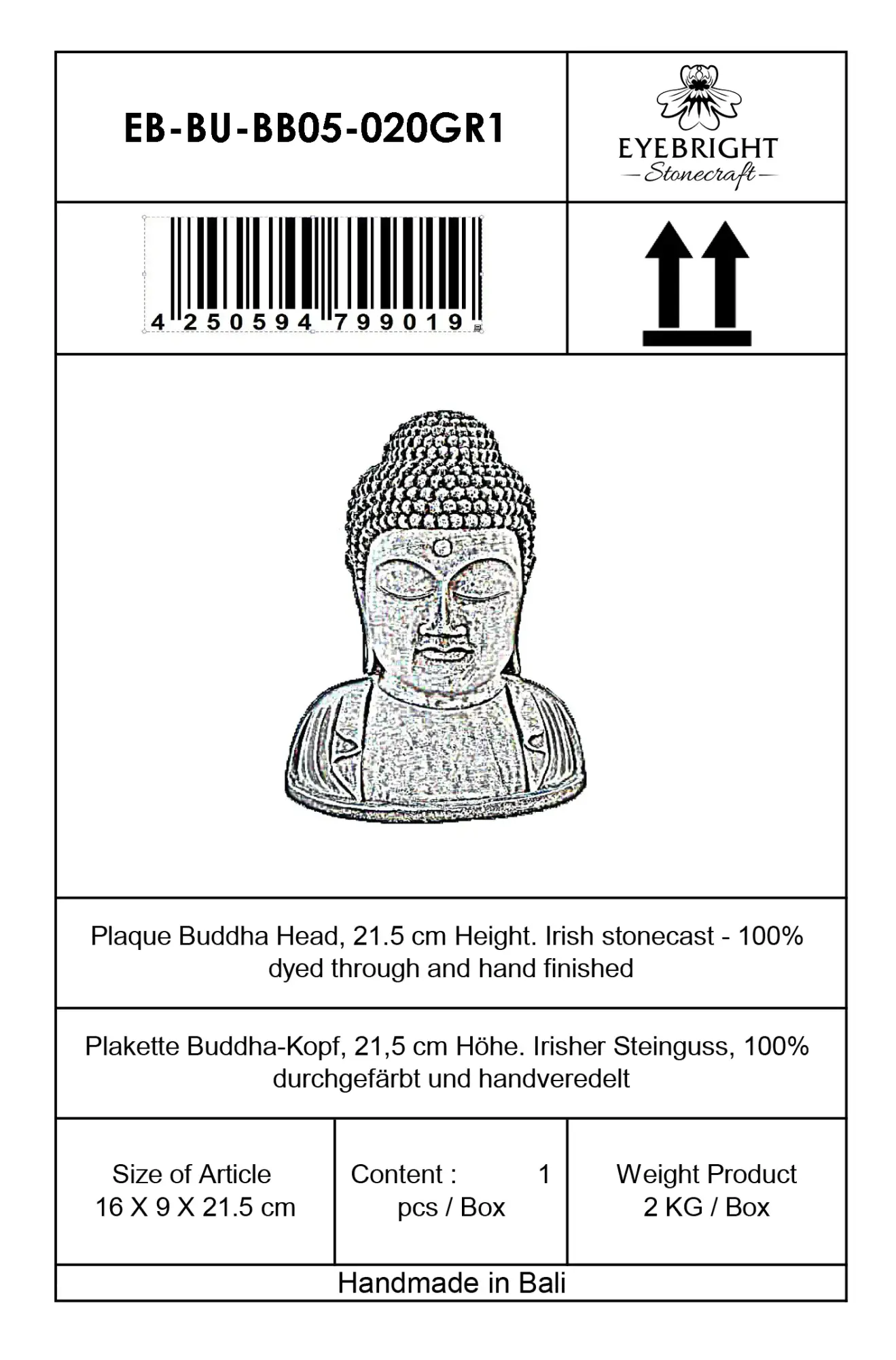  Product image 6 of the product “Arjun - Plaque Buddha Head, 21.5cm Height | cast stone ”