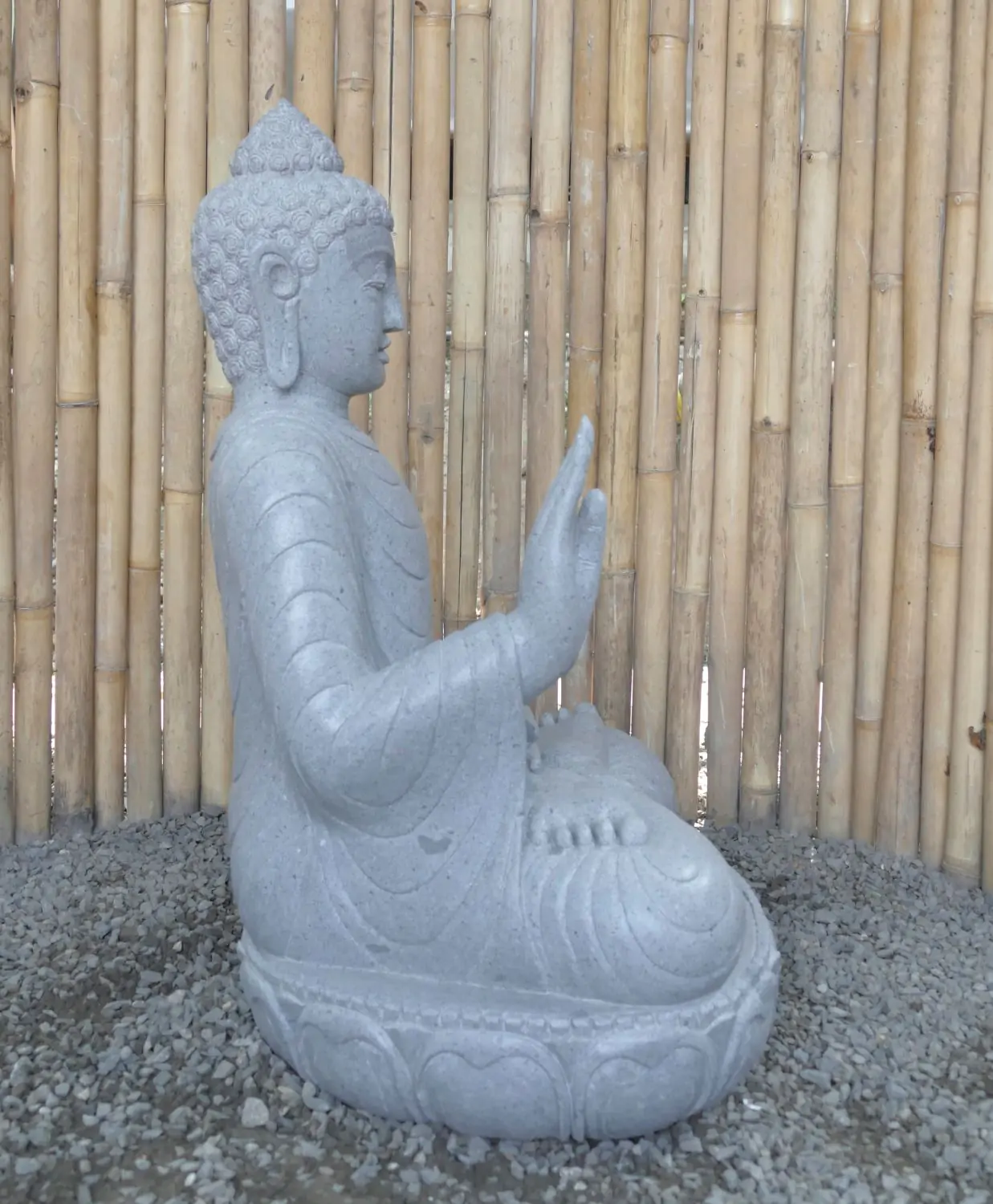  Product image 6 of the product “Seated Buddha made of Riverstone in Abhaya Position - gesture of fearlessness, H. 83cm. ”