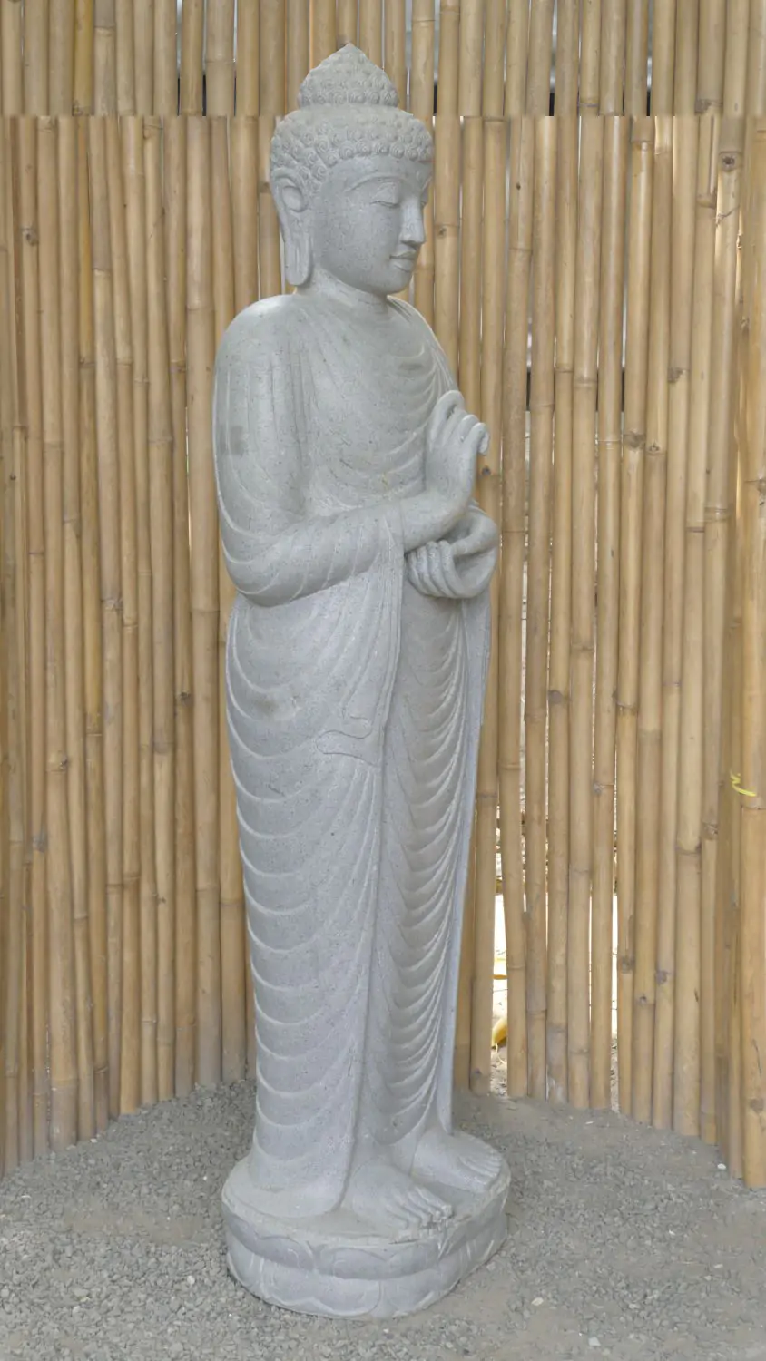  Product image 6 of the product “Standing Buddha made of Riverstone in Dharmachakra position - gesture of wheel of the teaching of Dharma. About 181cm height. ”