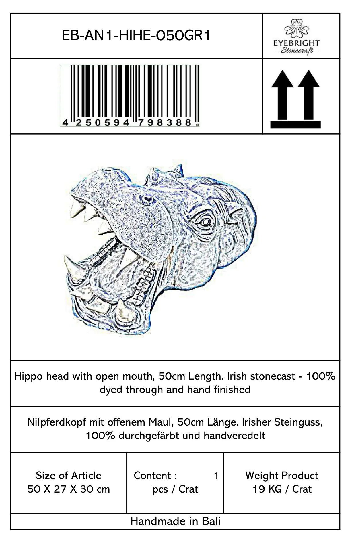  Product image 7 of the product “Zuberi - Hippopotamus head with open mouth, 50cm L | cast stone ”