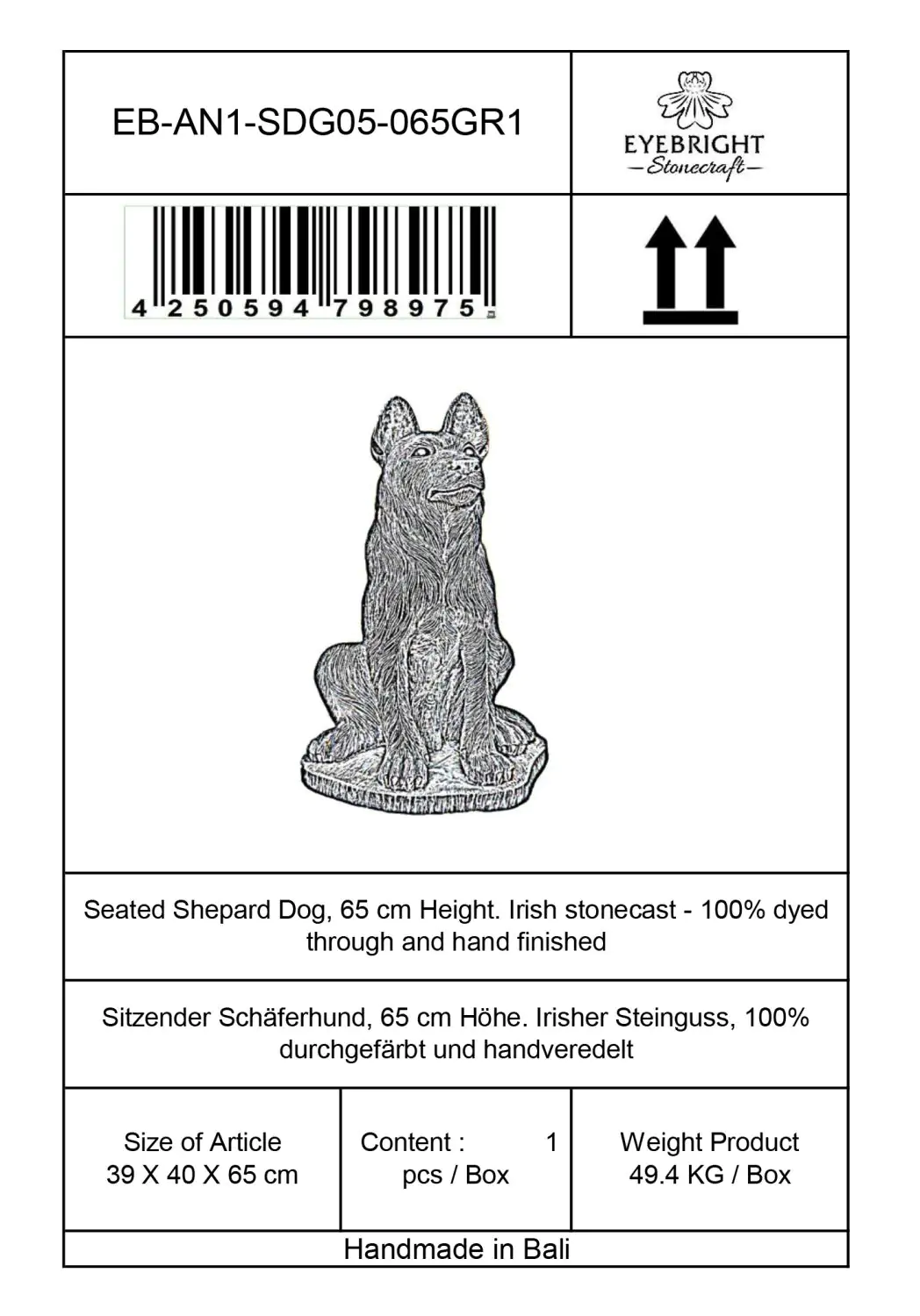  Product image 8 of the product “Seated shepard dog, 65cm Height - cast stone. ”